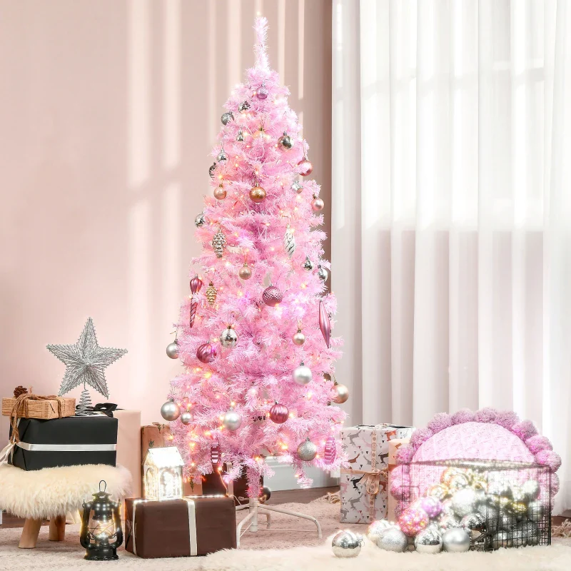 HOMCOM Christmas Tree Slim Pink 6' with 300 Warm White LED Lights - Image 10