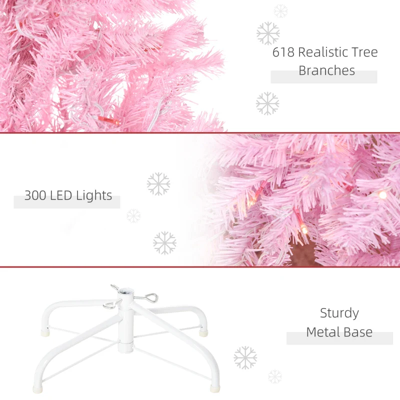 HOMCOM Christmas Tree Slim Pink 6' with 300 Warm White LED Lights - Image 6