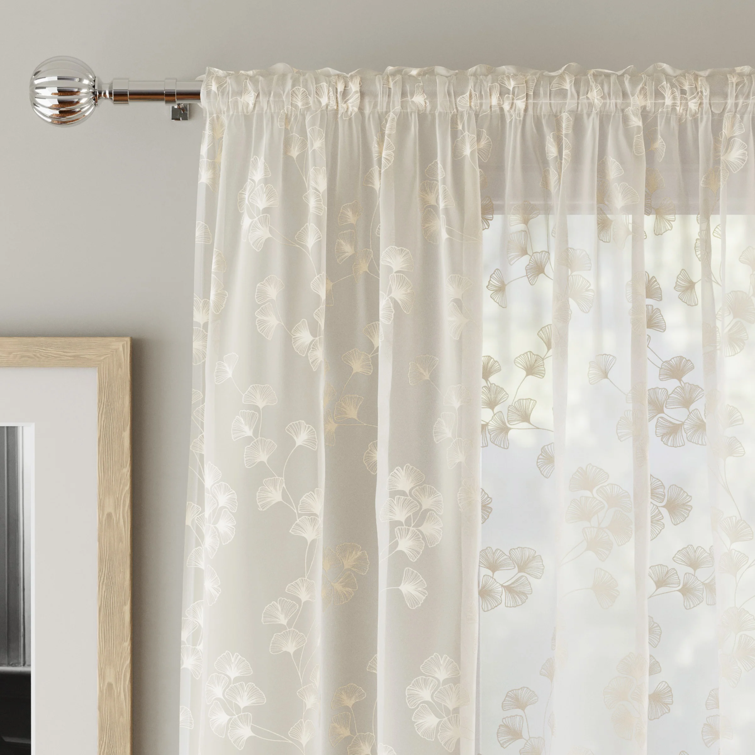 Delila Cream Leaf Print Voile Panel - Pair - Image 2