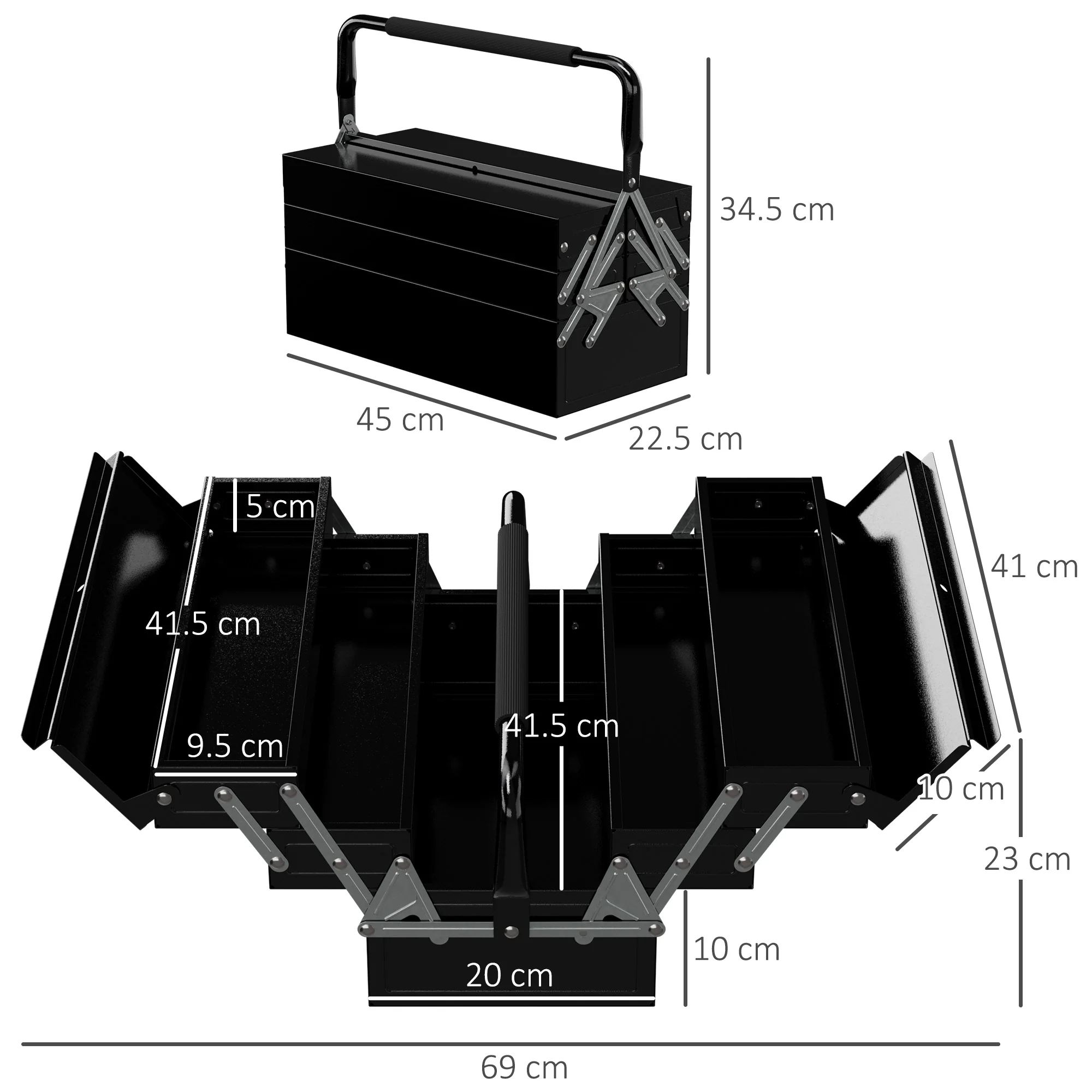 DURHAND 3 Tier Metal Toolbox with 5 Tray Carry Handle 45cmx22.5cmx34.5cm Black - Image 5