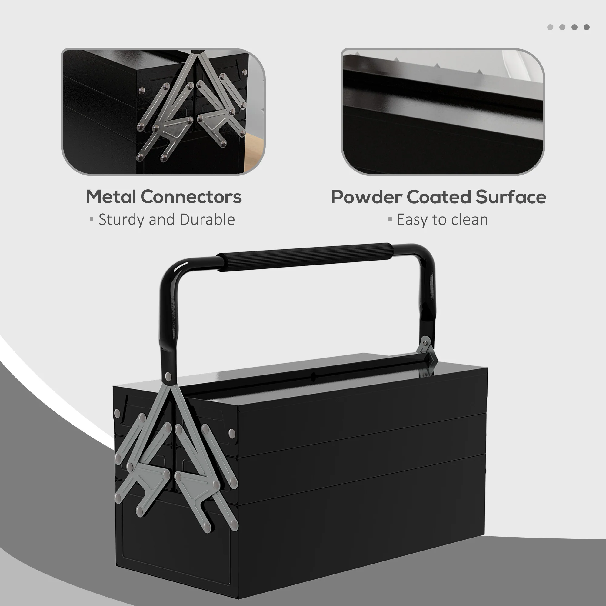 DURHAND 3 Tier Metal Toolbox with 5 Tray Carry Handle 45cmx22.5cmx34.5cm Black - Image 6