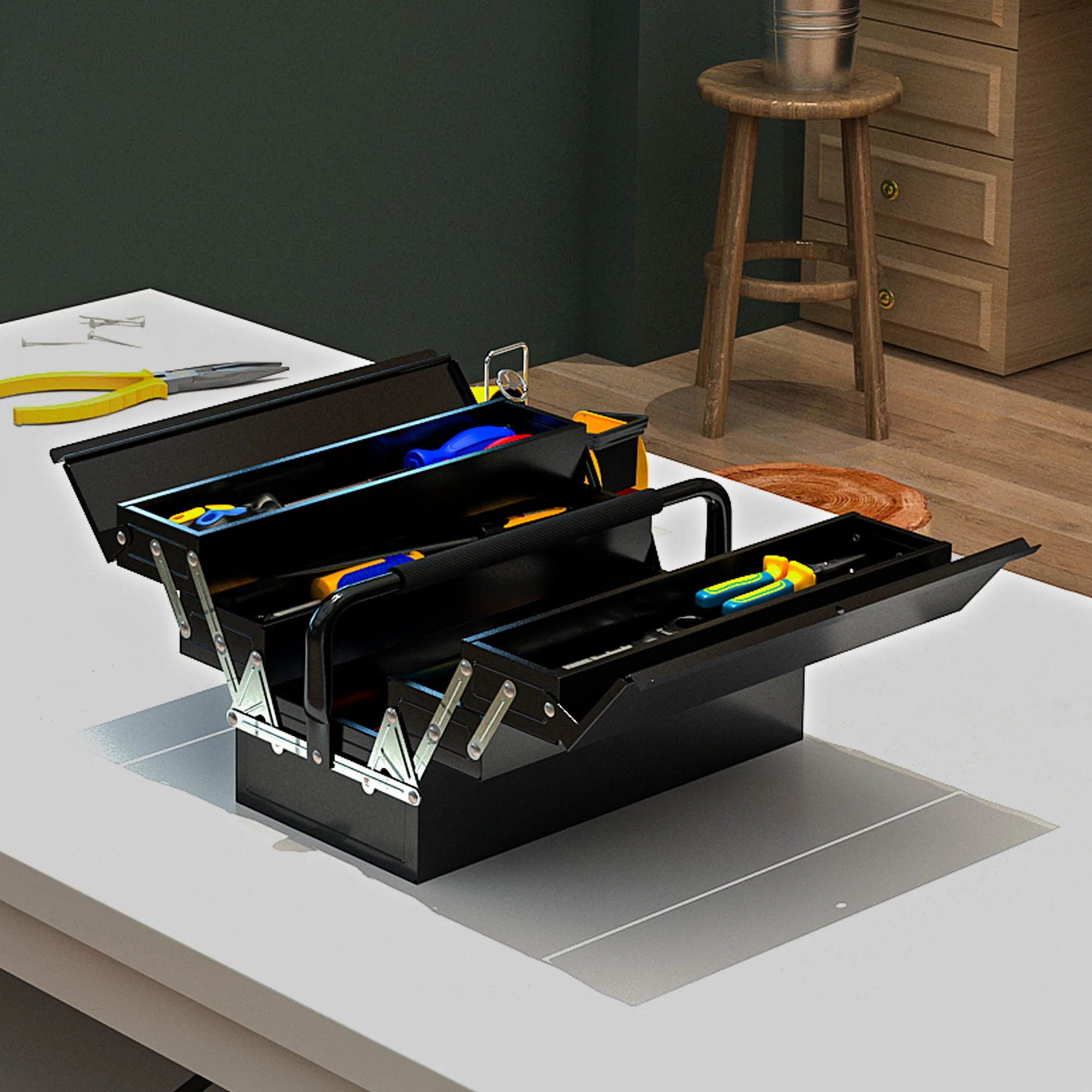 DURHAND 3 Tier Metal Toolbox with 5 Tray Carry Handle 45cmx22.5cmx34.5cm Black - Image 7