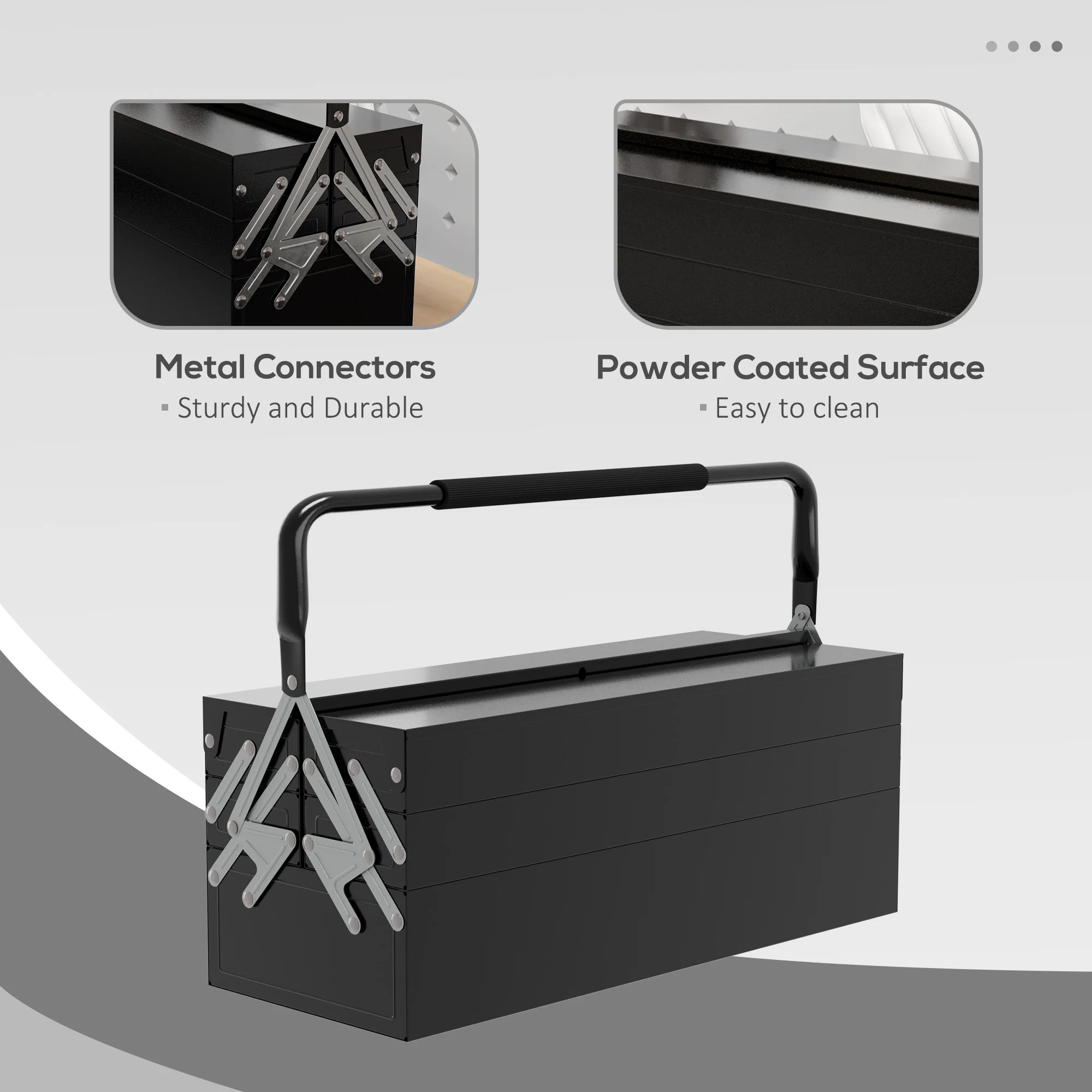 DURHAND 3 Tier Metal Toolbox with 5 Tray Carry Handle 56cmx20cmx34cm Black - Image 6