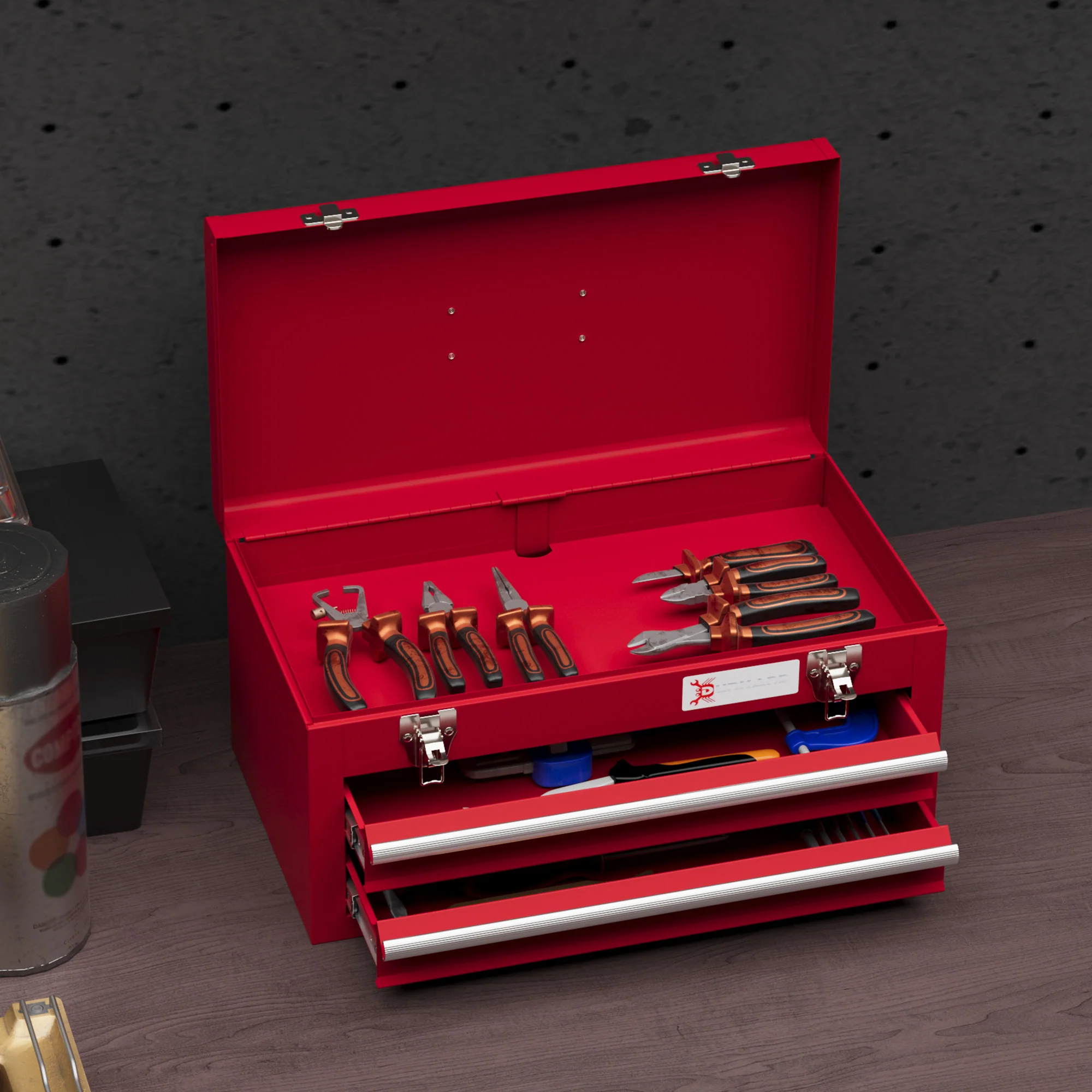 DURHAND Lockable 2 Drawer Tool Chest With Ball Bearing Slide Drawers Red - Image 7