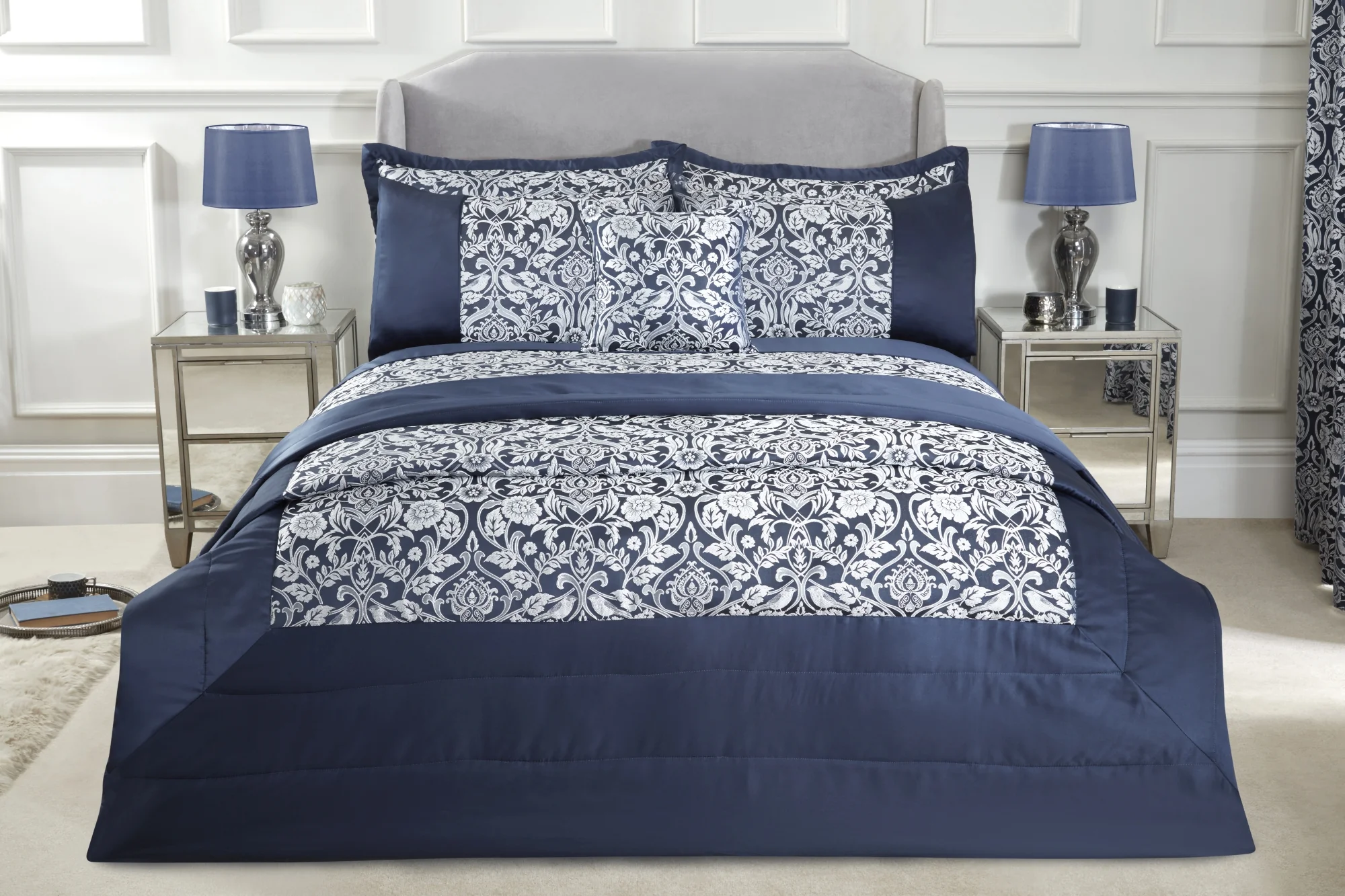 Eden - Embellished Jacquard Quilted Bedspread Set in Navy - Image 3