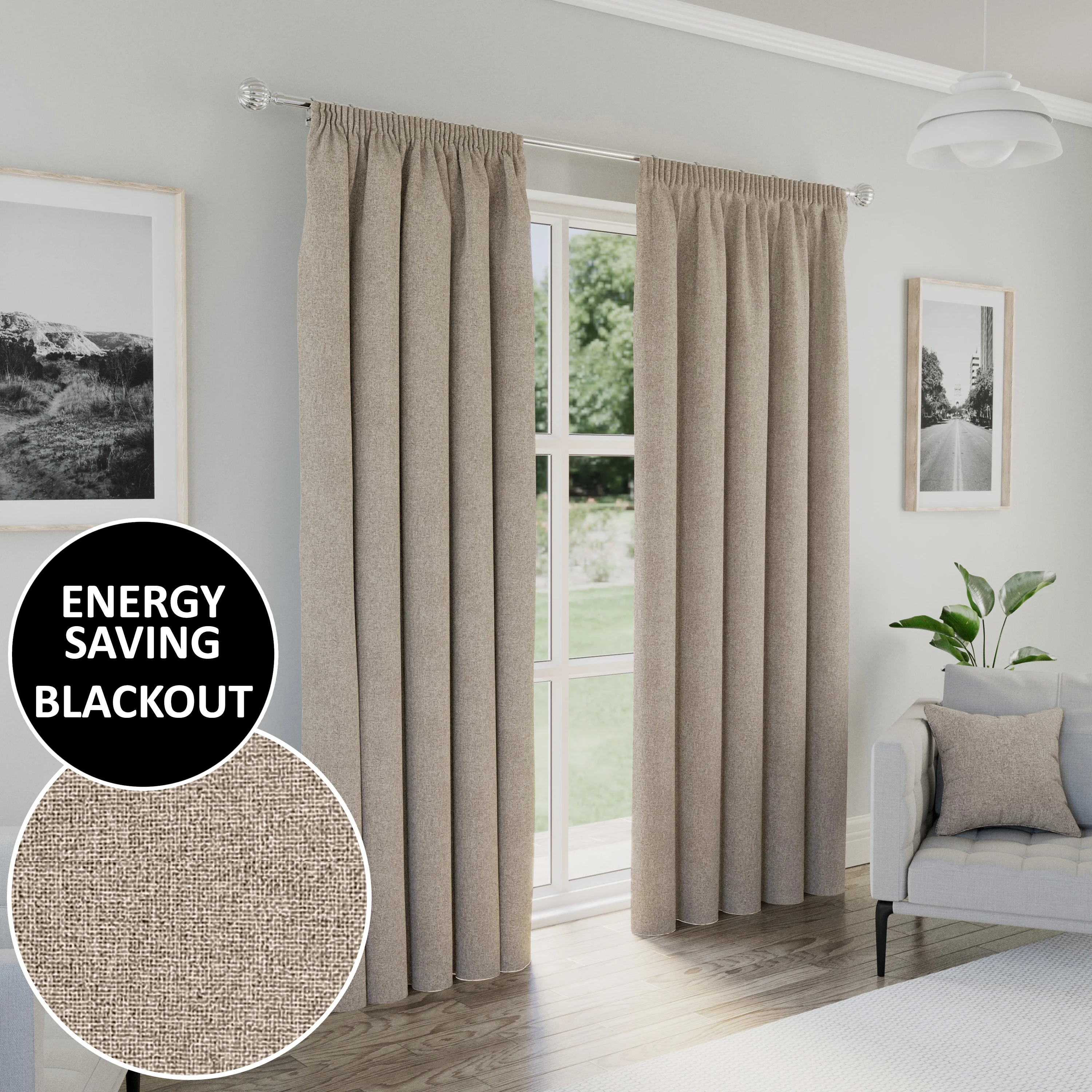 Enhanced Living Dallas 100% Blackout Thermal Natural Curtains With 3" Tape Top Header - Pair