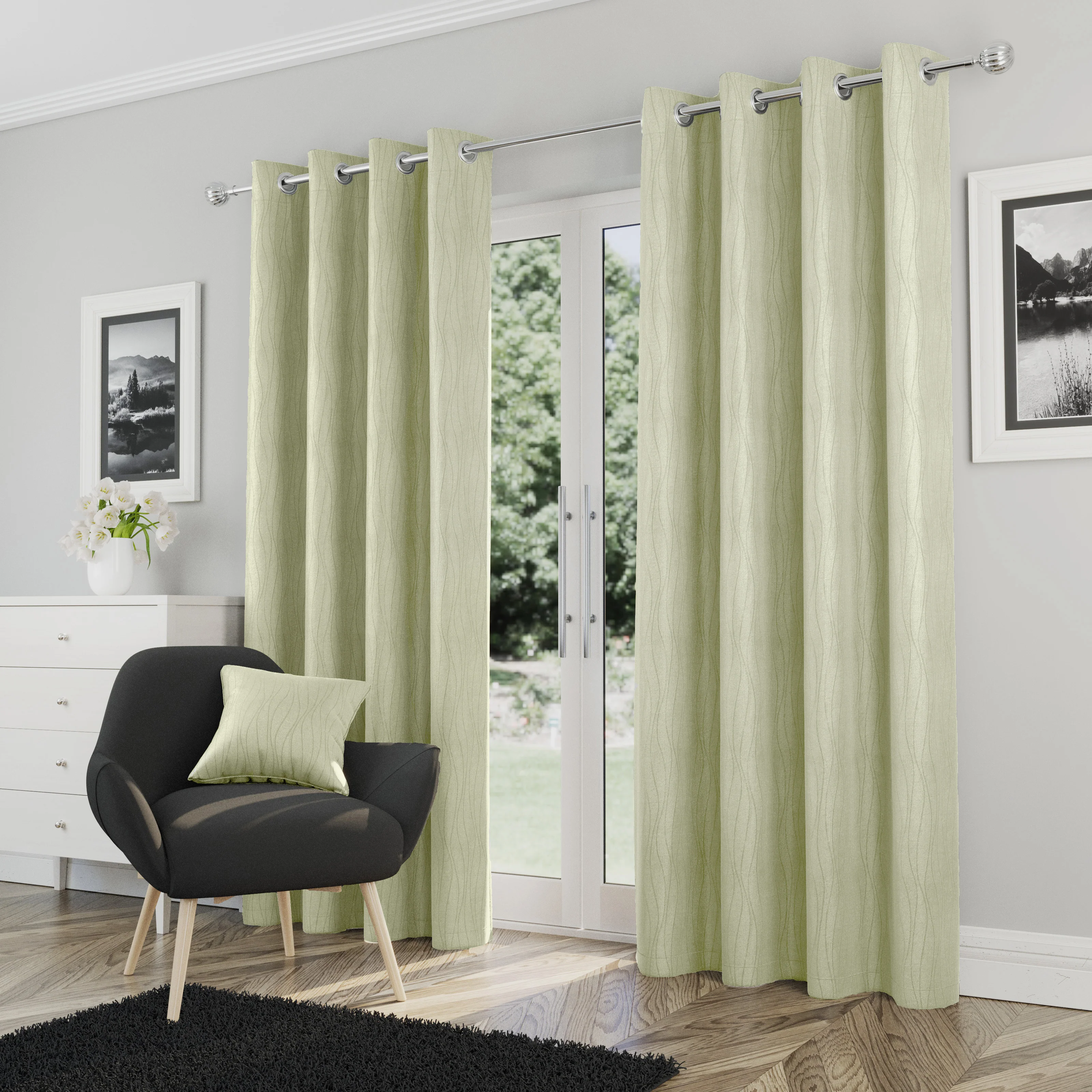 Enhanced Living Goodwood Green Thermal, Energy Saving, Dimout Eyelet Curtains with Wave Pattern - Pair - Image 2