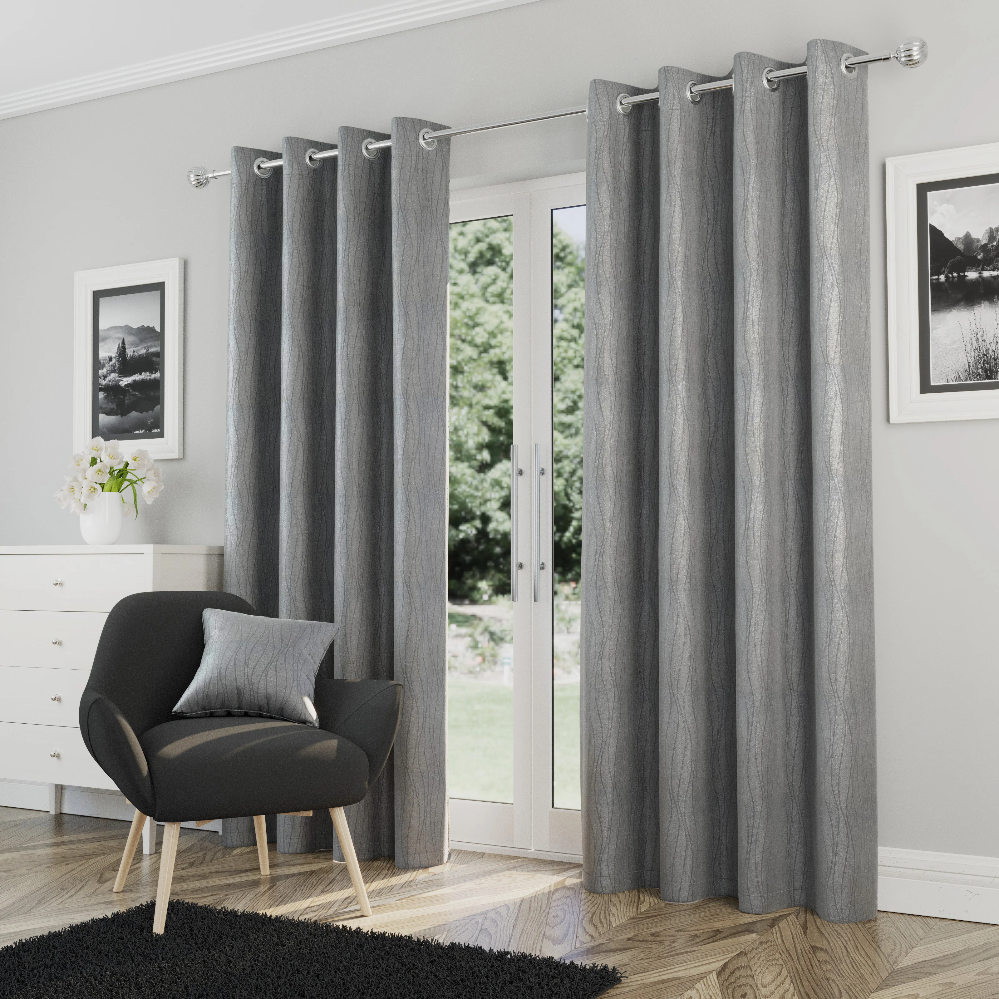 Enhanced Living Goodwood Silver Thermal, Energy Saving, Dimout Eyelet Curtains with Wave Pattern - Pair - Image 2