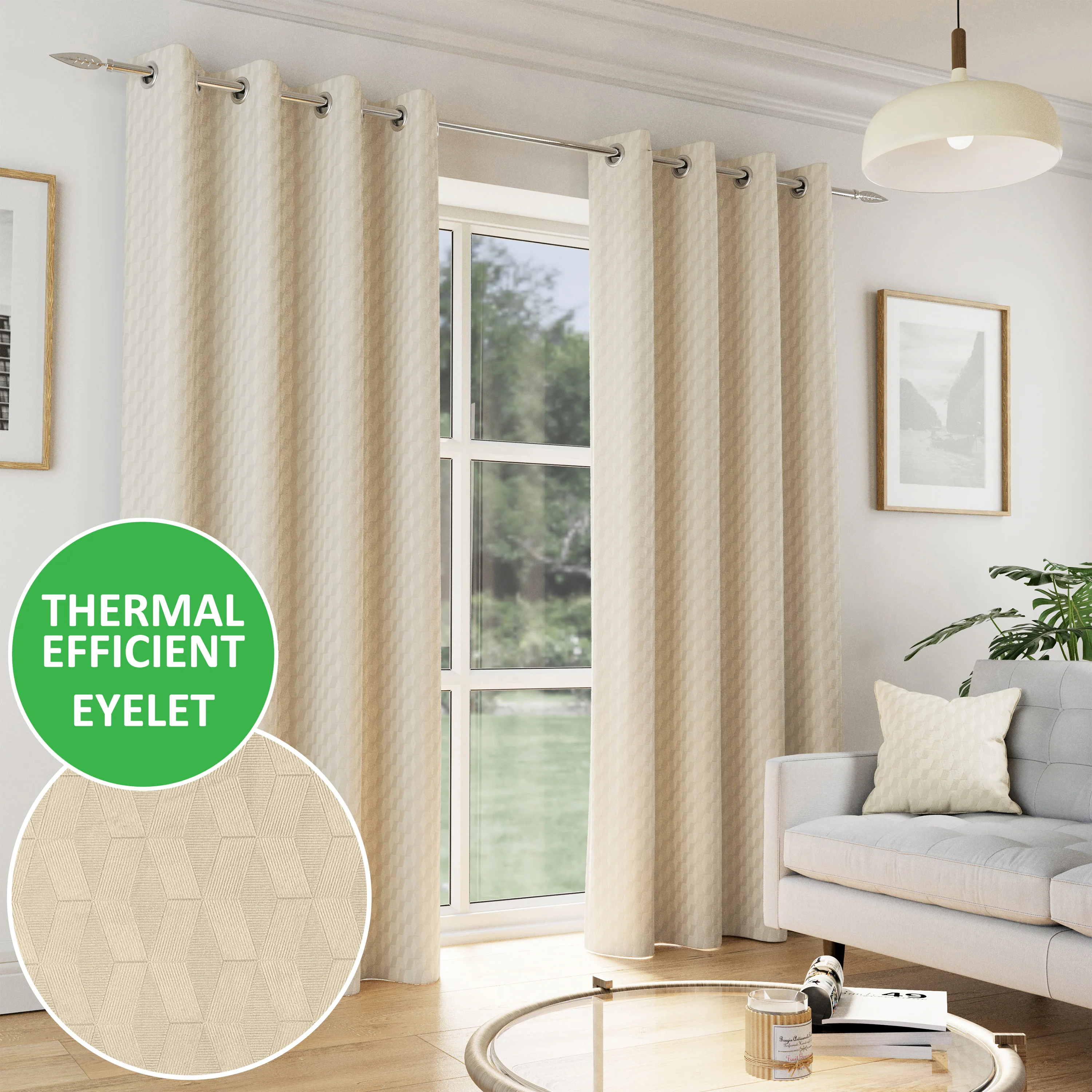 Enhanced Living Tokyo Cream Eyelet Thermal Noise Reducing Dim Out Curtains - Pair