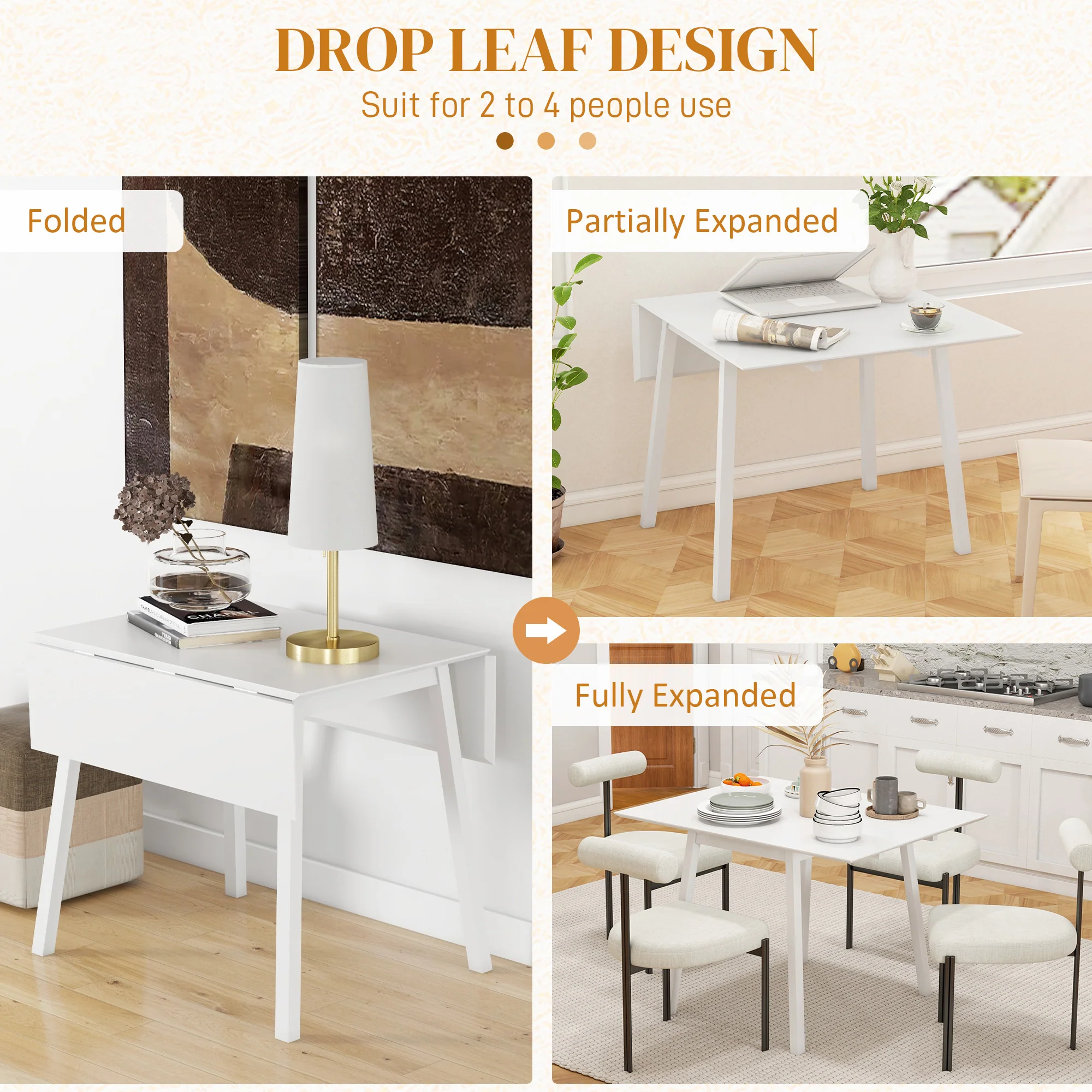 Extendable Kitchen Table for 2-4, Folding Drop Leaf Dining Table, White - Image 3