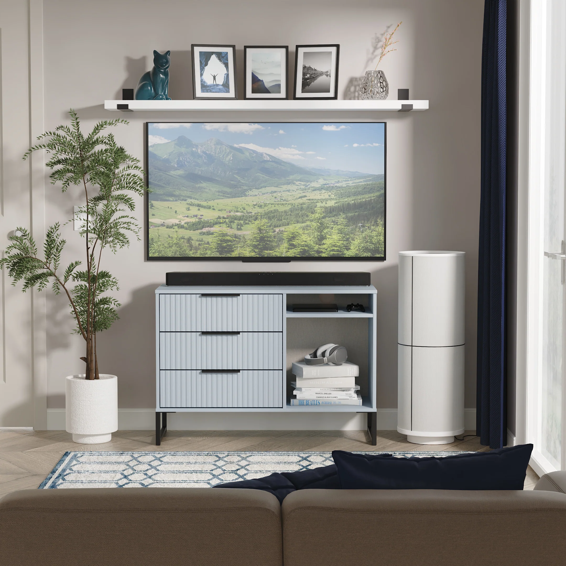 Fluted 3 Drawer TV Unit in Denim Blue - Ready Assembled