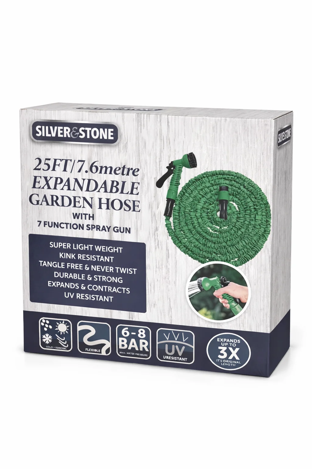 Silver & Stone Expandable Garden Hose Pipe 25FT 7.6m With 7 Function Spray Gun - Flexible, Kink Resistant, UV Resistant