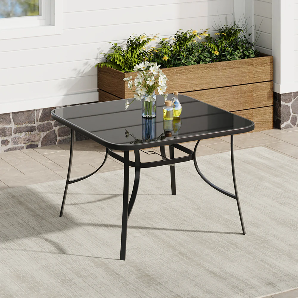 Garden Sanctuary Metallic and Tempered Glass Garden Table with Parasol Hole Outdoor