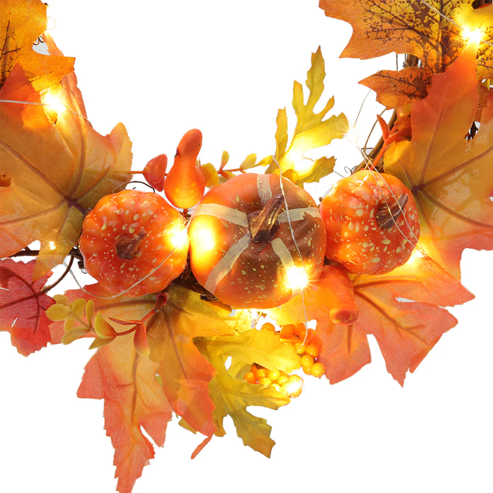 Halloween Maple Pumpkin Harvest Wreath with Lights - Image 3