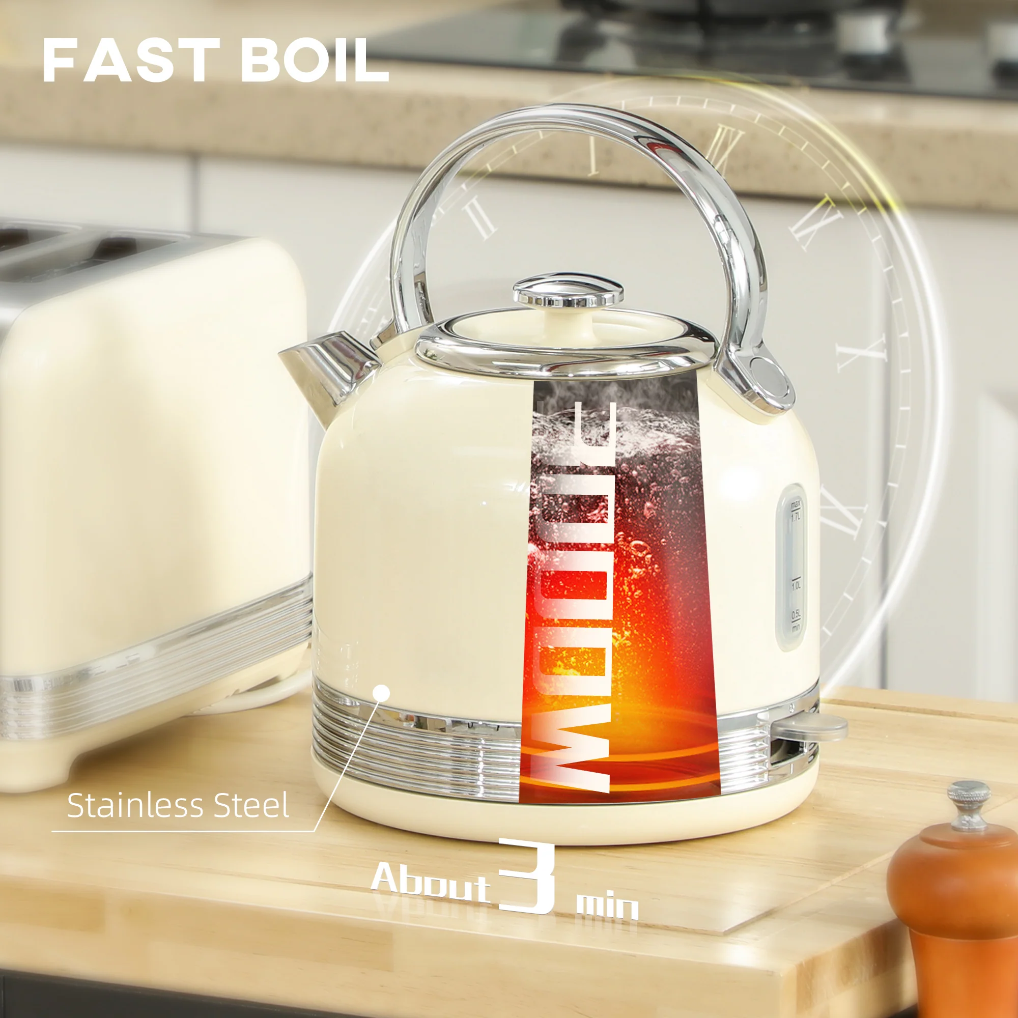 HOMCOM 1.7L 3000W Fast Boil Electric Kettle And 4 Slice Toaster Set, Cream - Image 3
