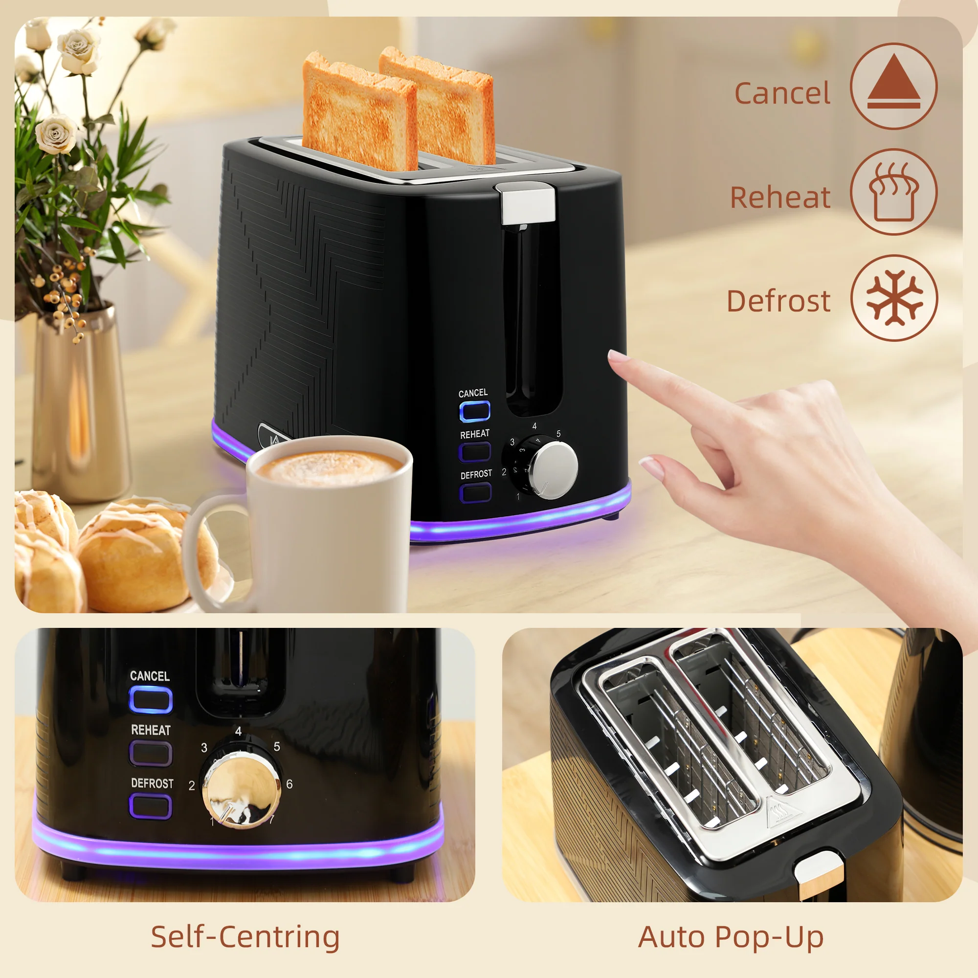 HOMCOM 1.7L 3000W Rapid Boil Kettle And 2 Slice Toaster Set Crumb Tray - Image 8