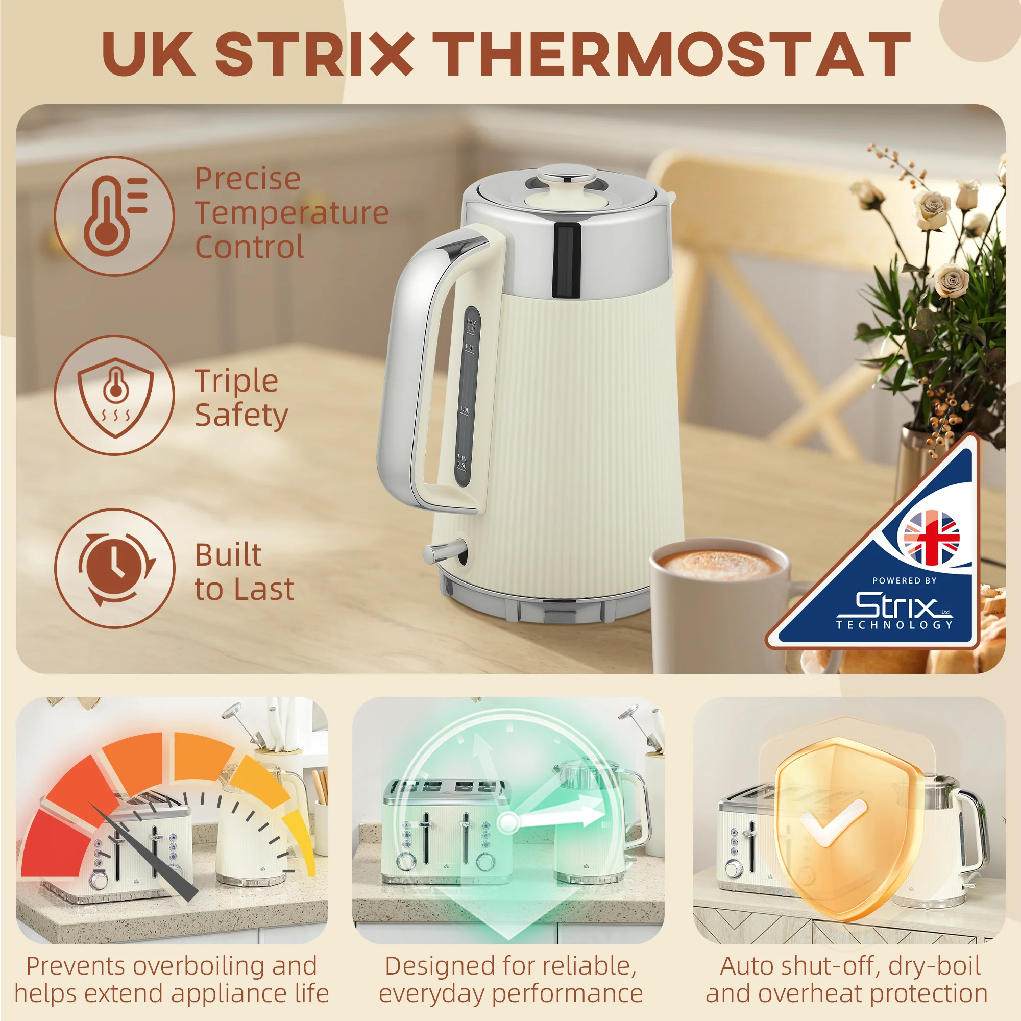 HOMCOM 1.7L 3000W Rapid Boil Kettle And 4 Slice Toaster Set Crumb Tray - Image 13