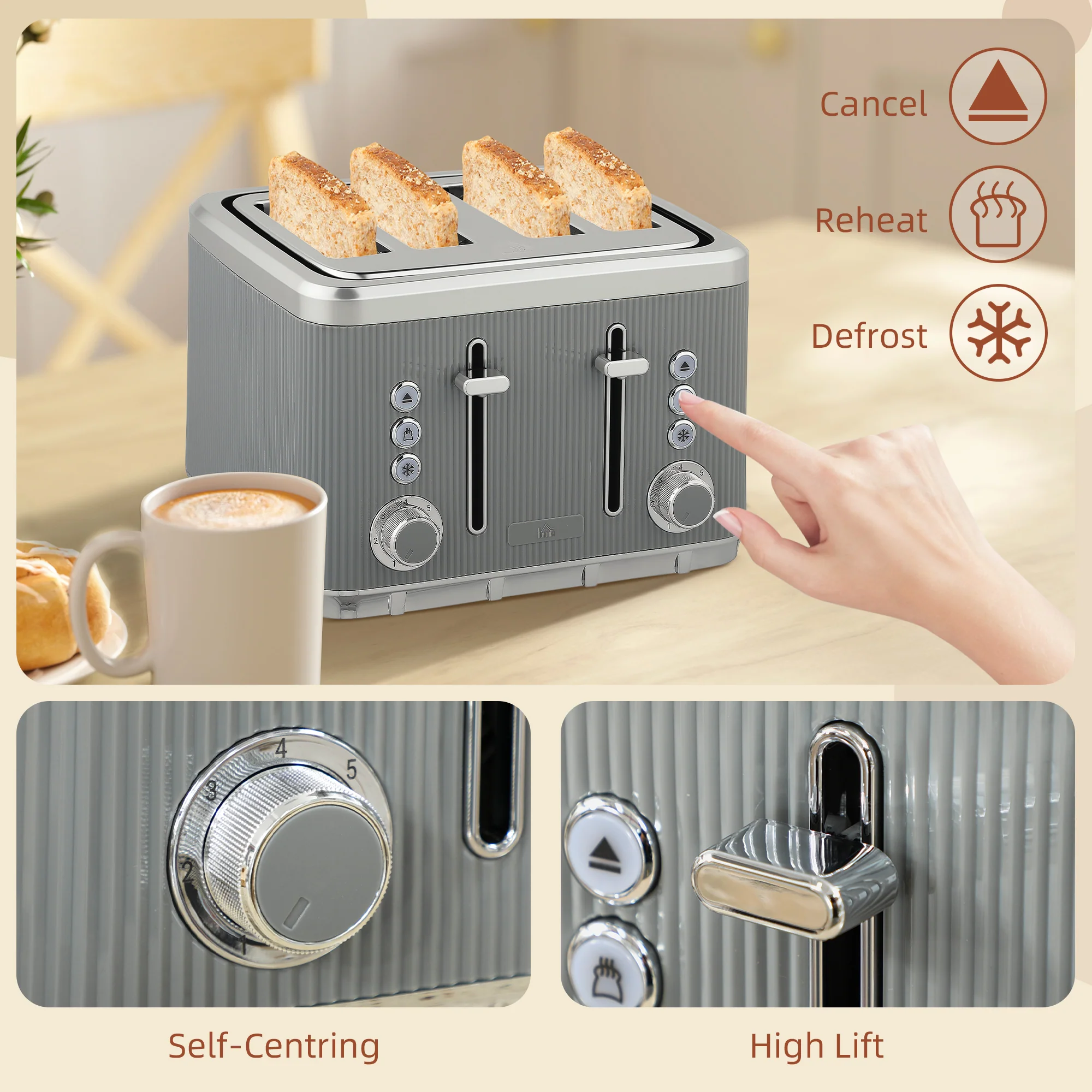 HOMCOM 1.7L 3000W Rapid Boil Kettle And 4 Slice Toaster Set Crumb Tray - Image 26