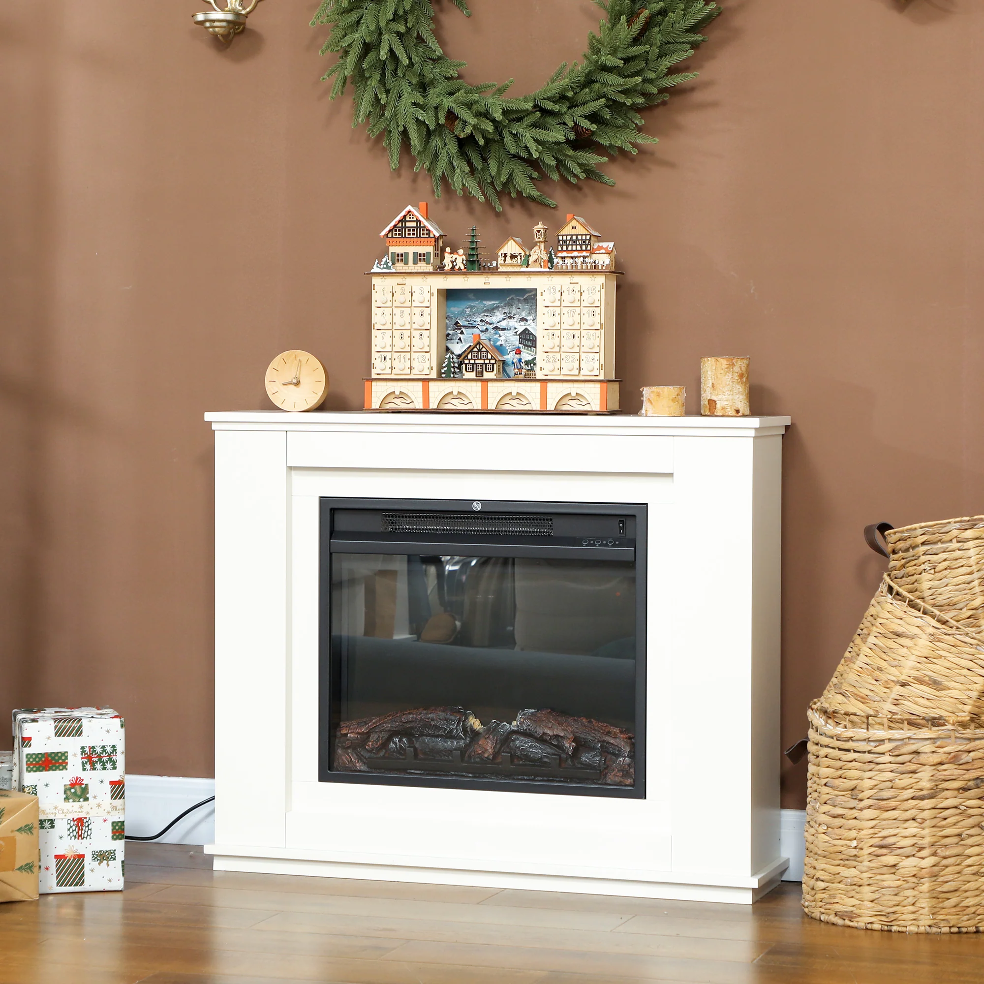 HOMCOM 1000W/2000W Inset Electric Fire and Mantel Reach up to 30 m², White - Image 8