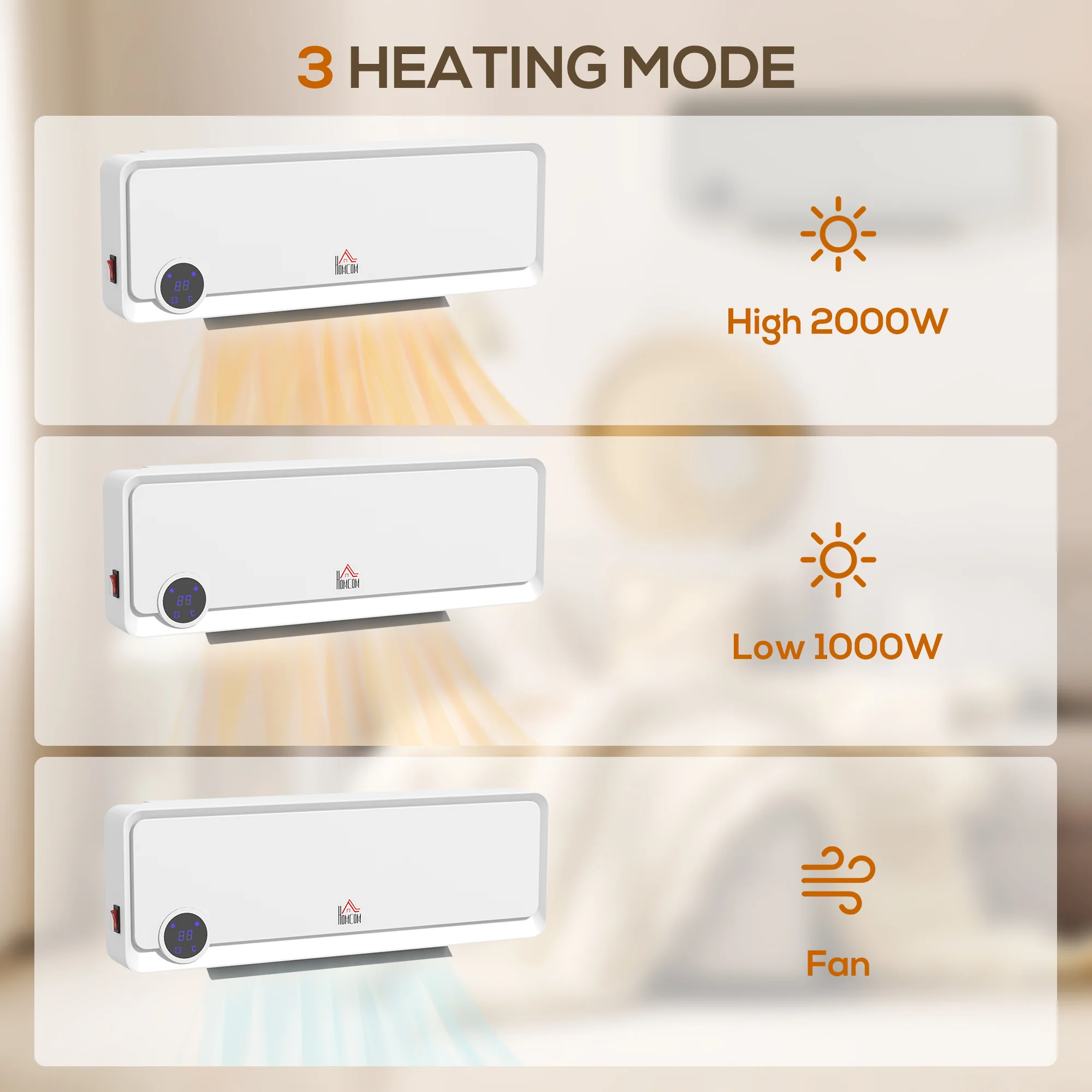 HOMCOM 1000W/2000W Wall Downflow Heater 10-49°C Temperature W/ Timer Remote - Image 7