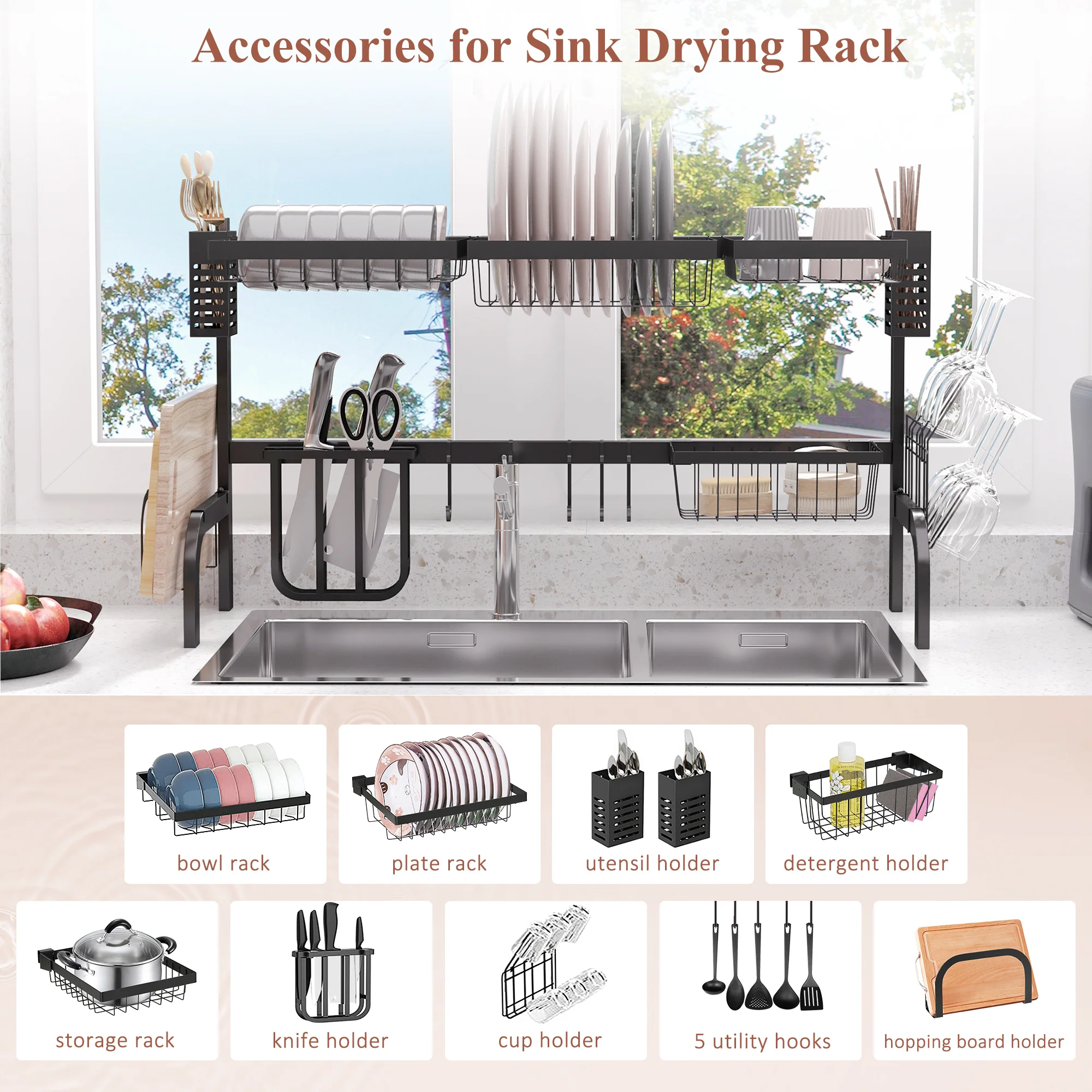 HOMCOM 100cm Over The Sink Dish Drainer Rack, 2 Tier Dish Rack For Kitchen, Black - Image 4