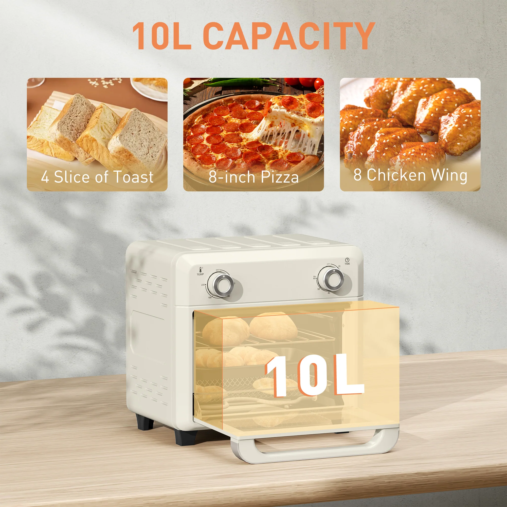 HOMCOM 10L Cream Air Fryer Oven, Electric Oven, Grill, Roast, Bake, 1000W - Image 3