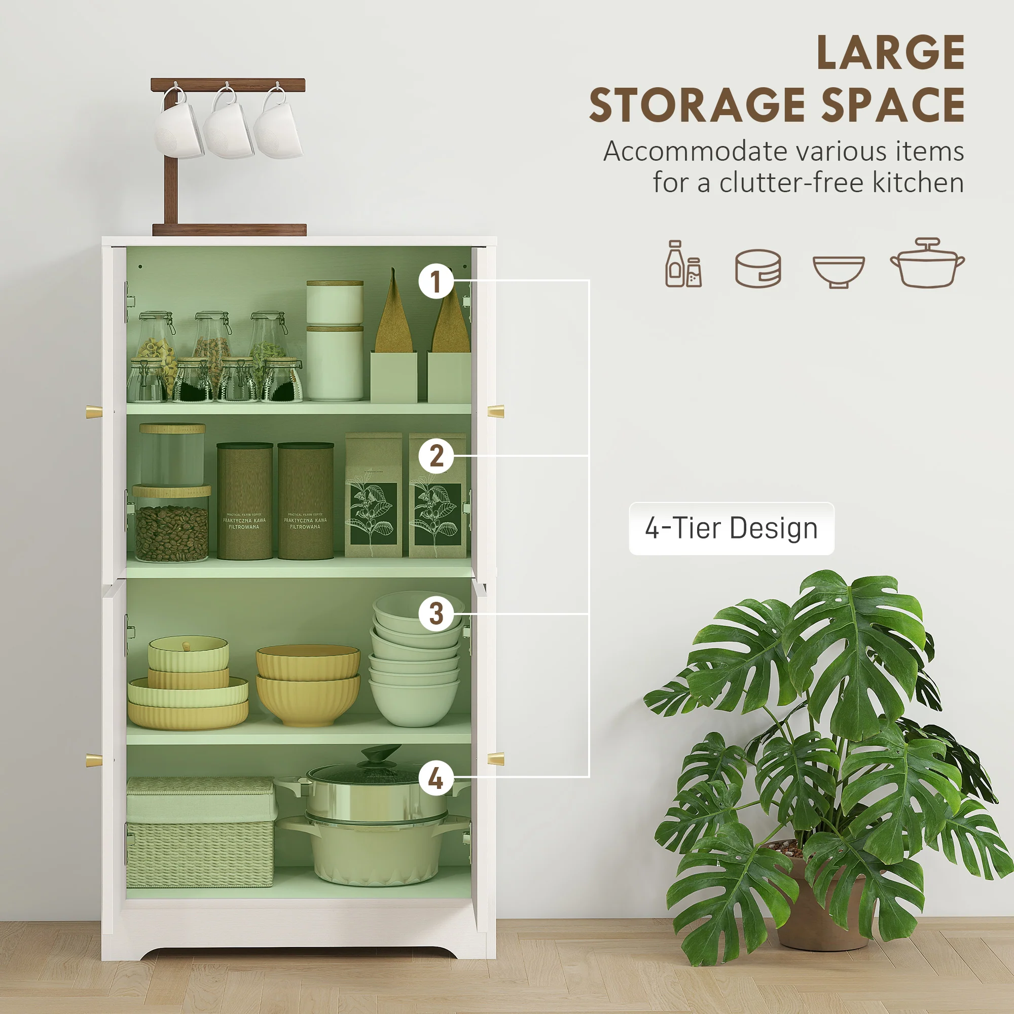HOMCOM 110cm Kitchen Cupboard With 4 Arched Doors And 2 Adjustable Shelves - Image 4