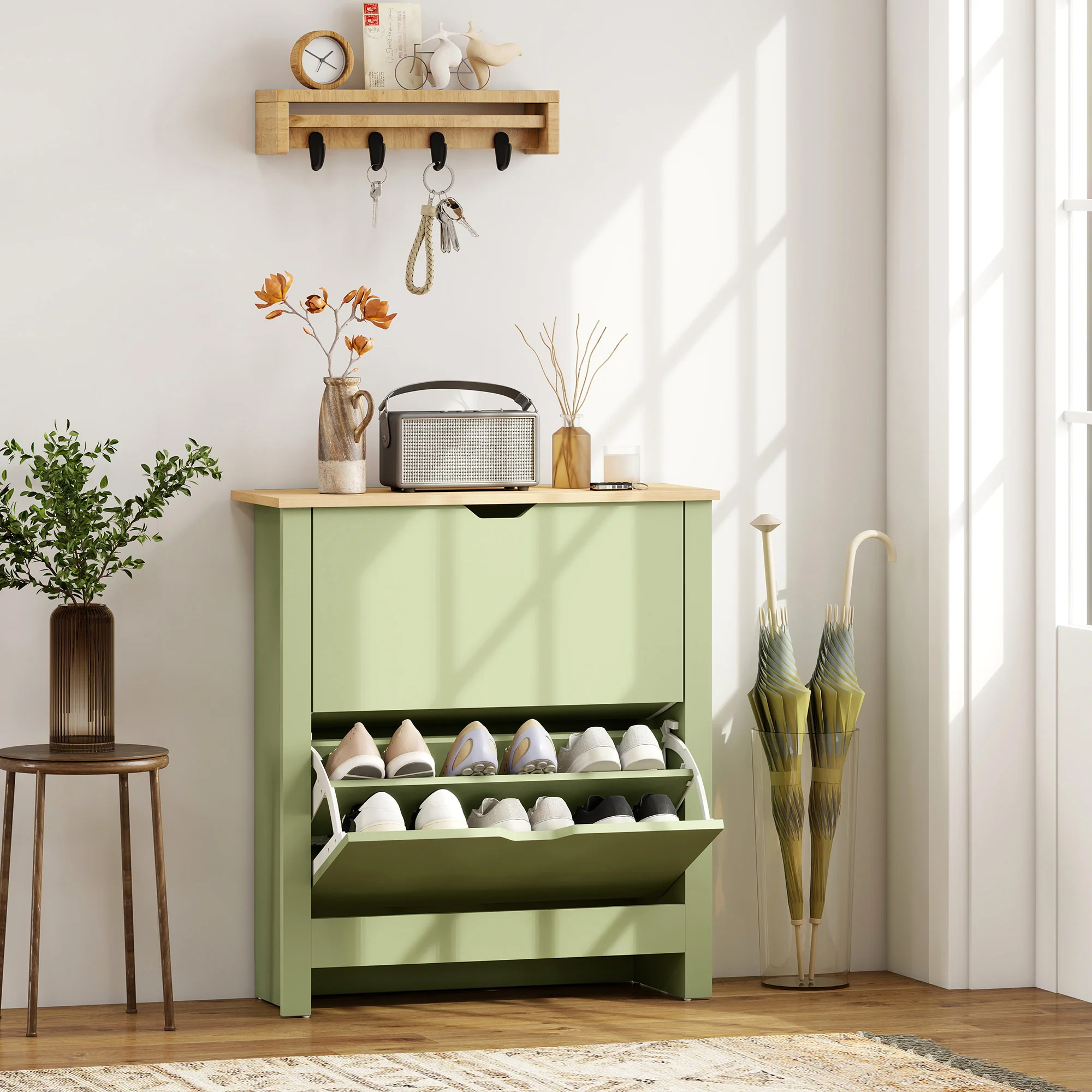 HOMCOM 12-Shoe Storage Cabinet 4 Shelves 2 Drawers Tabletop - Image 11