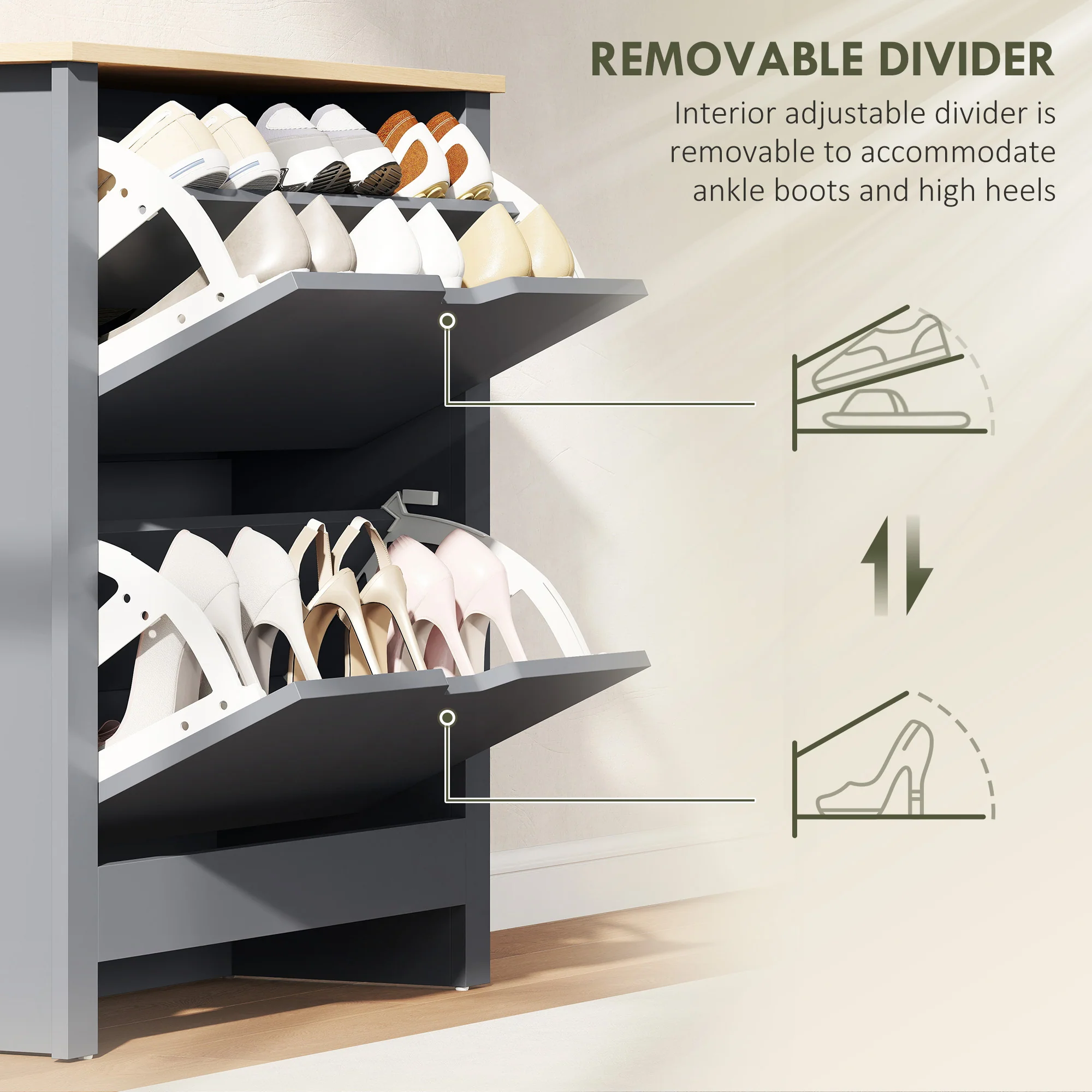 HOMCOM 12-Shoe Storage Cabinet 4 Shelves 2 Drawers Tabletop - Image 6