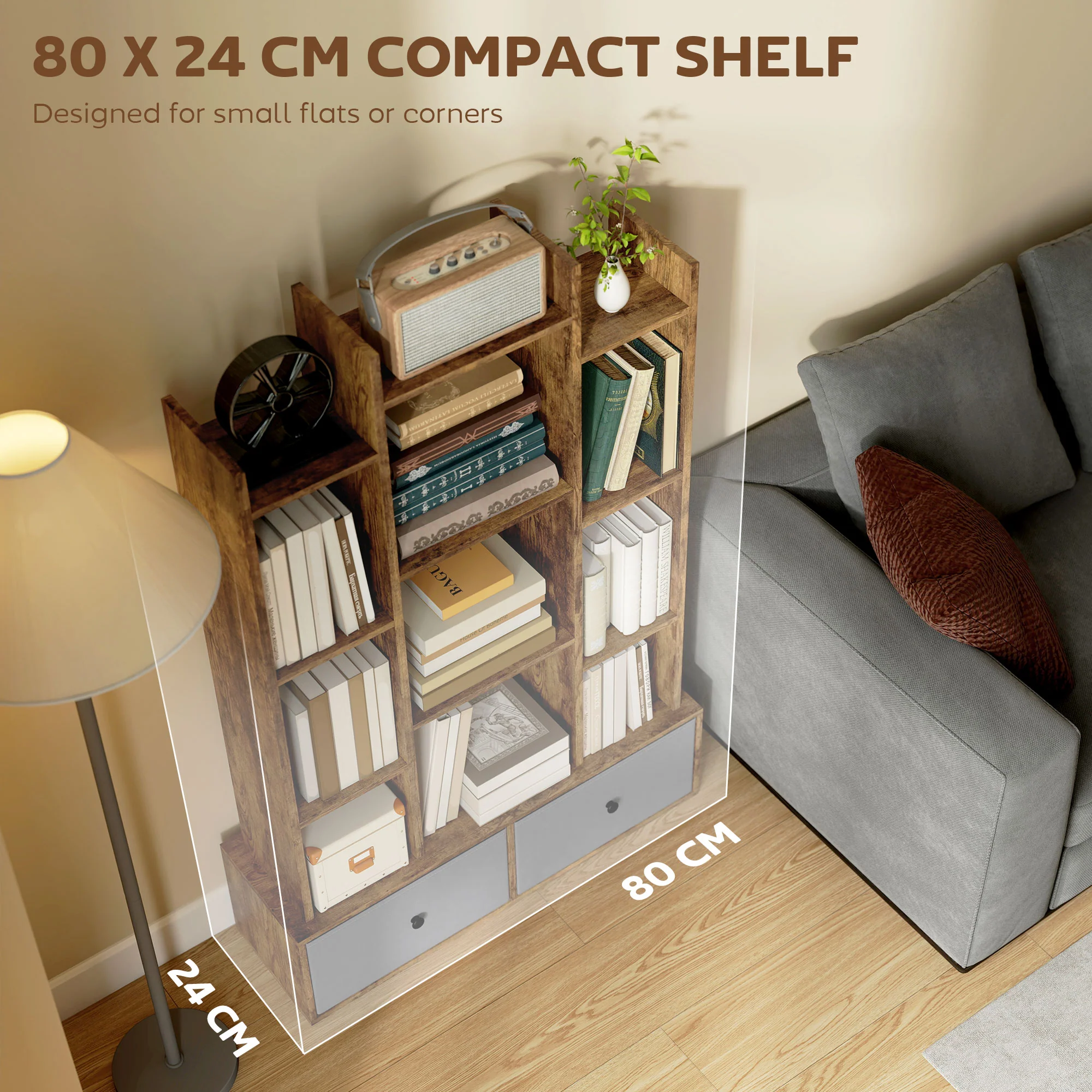 HOMCOM 12-Tier Bookshelf, Bookcase w/ 2 Folding Drawer, Rustic Brown - Image 6