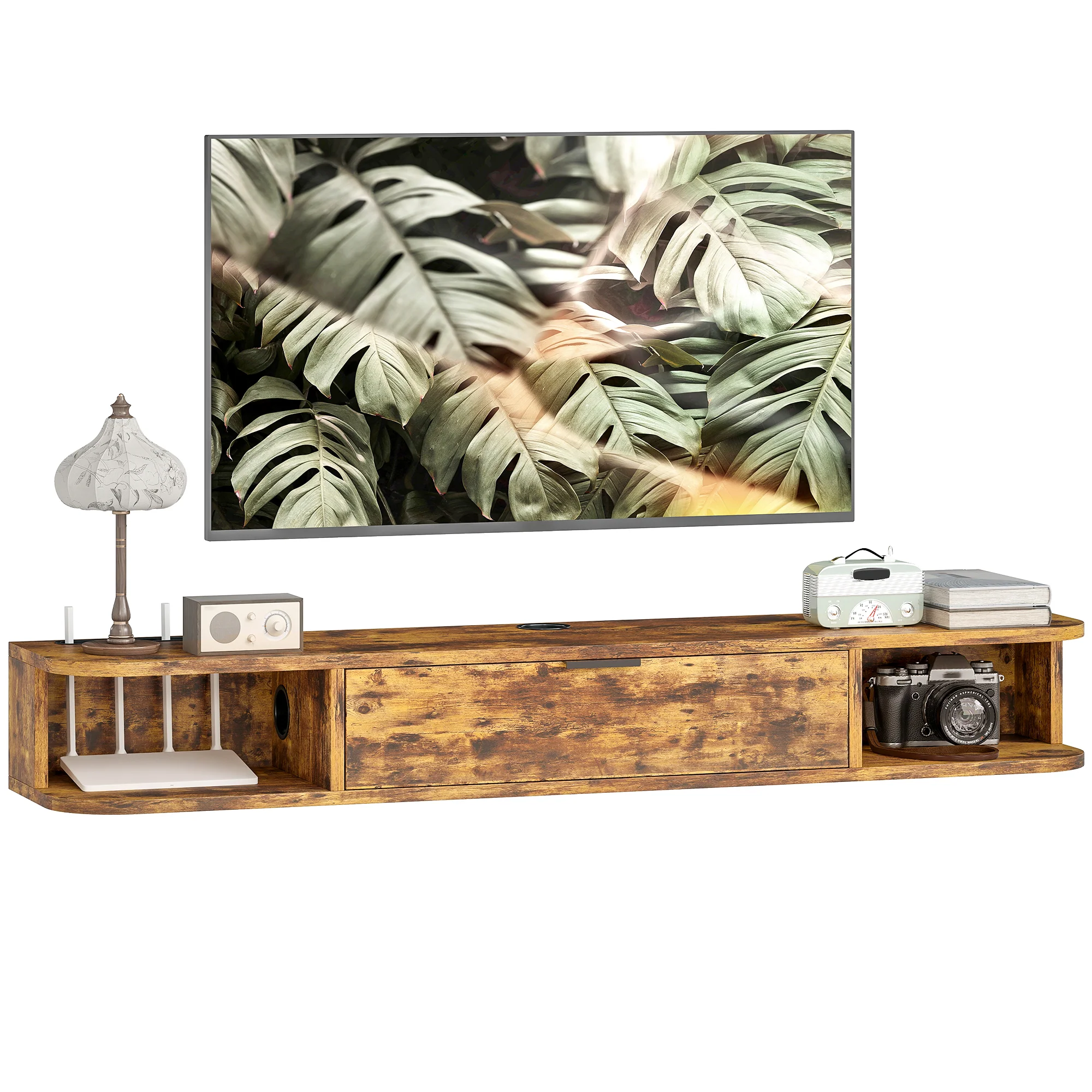 HOMCOM 120 Cm Floating TV Unit With Flip Drawer And Shelves, Rustic Brown