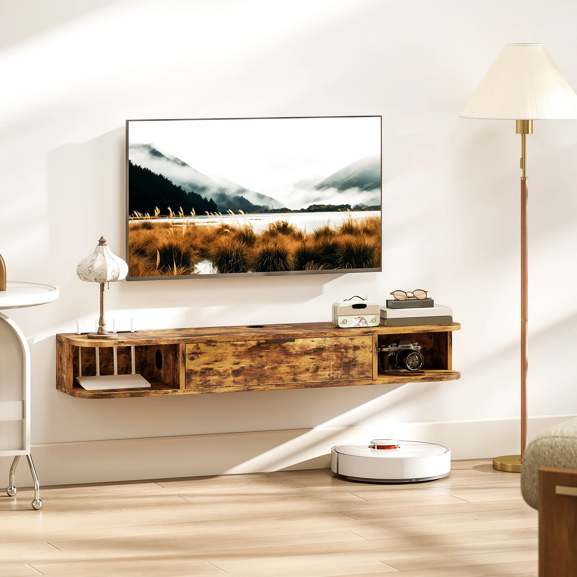 HOMCOM 120 Cm Floating TV Unit With Flip Drawer And Shelves, Rustic Brown - Image 2