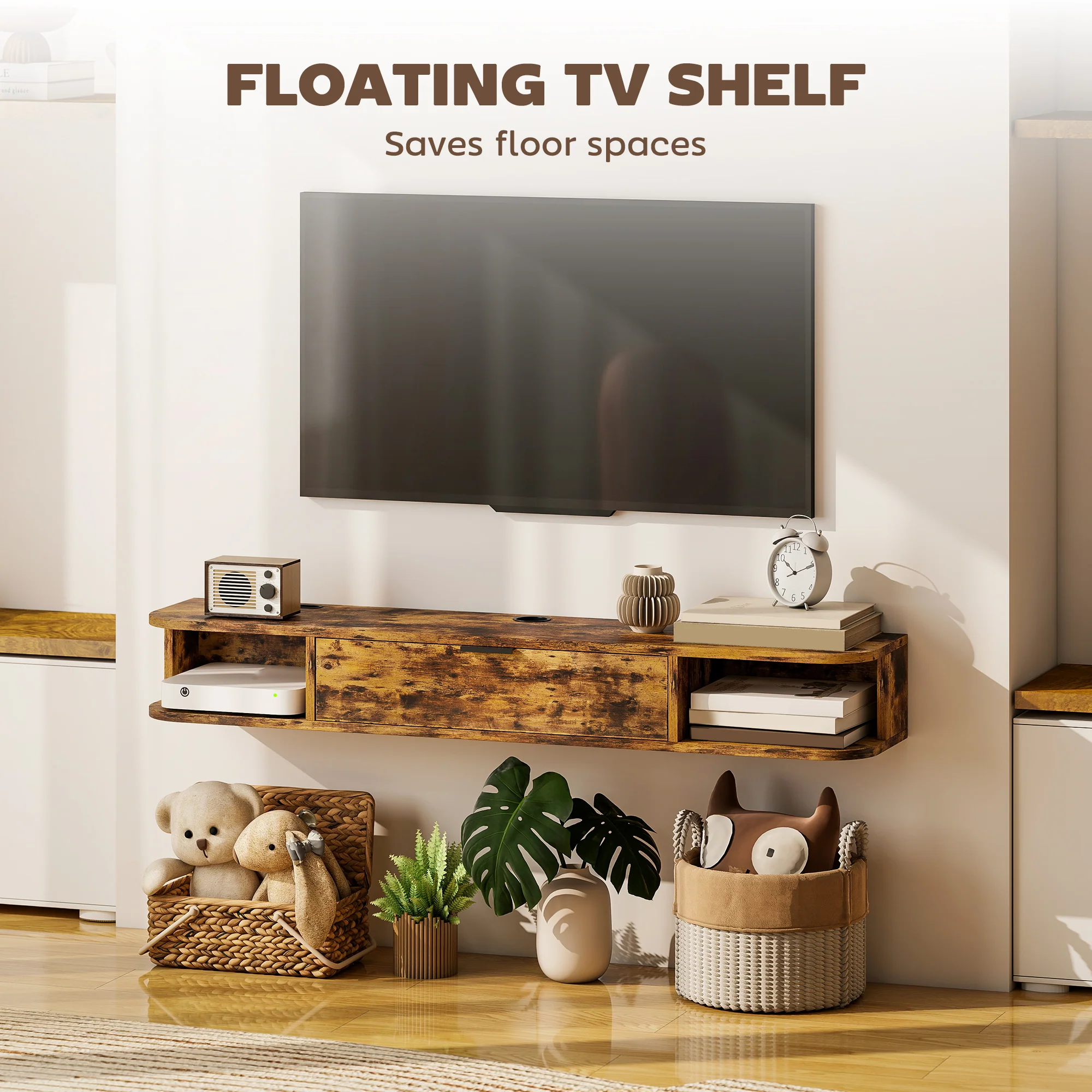 HOMCOM 120 Cm Floating TV Unit With Flip Drawer And Shelves, Rustic Brown - Image 3