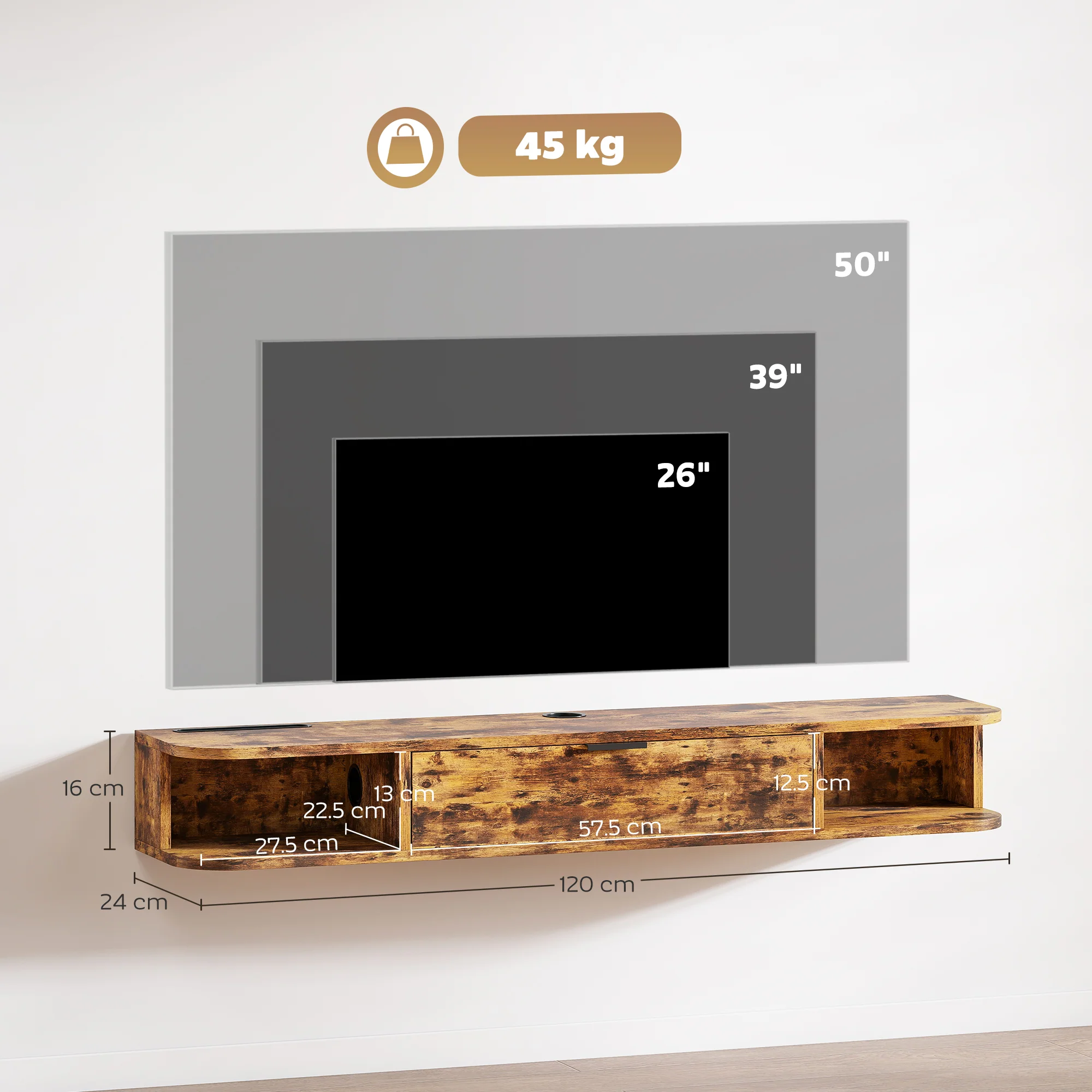 HOMCOM 120 Cm Floating TV Unit With Flip Drawer And Shelves, Rustic Brown - Image 5