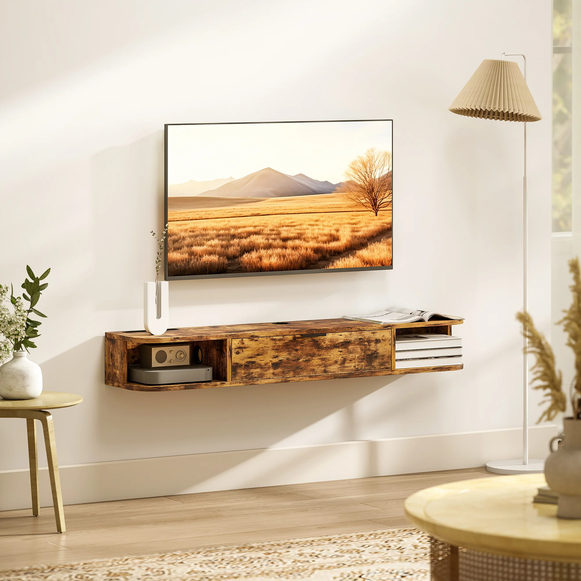 HOMCOM 120 Cm Floating TV Unit With Flip Drawer And Shelves, Rustic Brown - Image 7