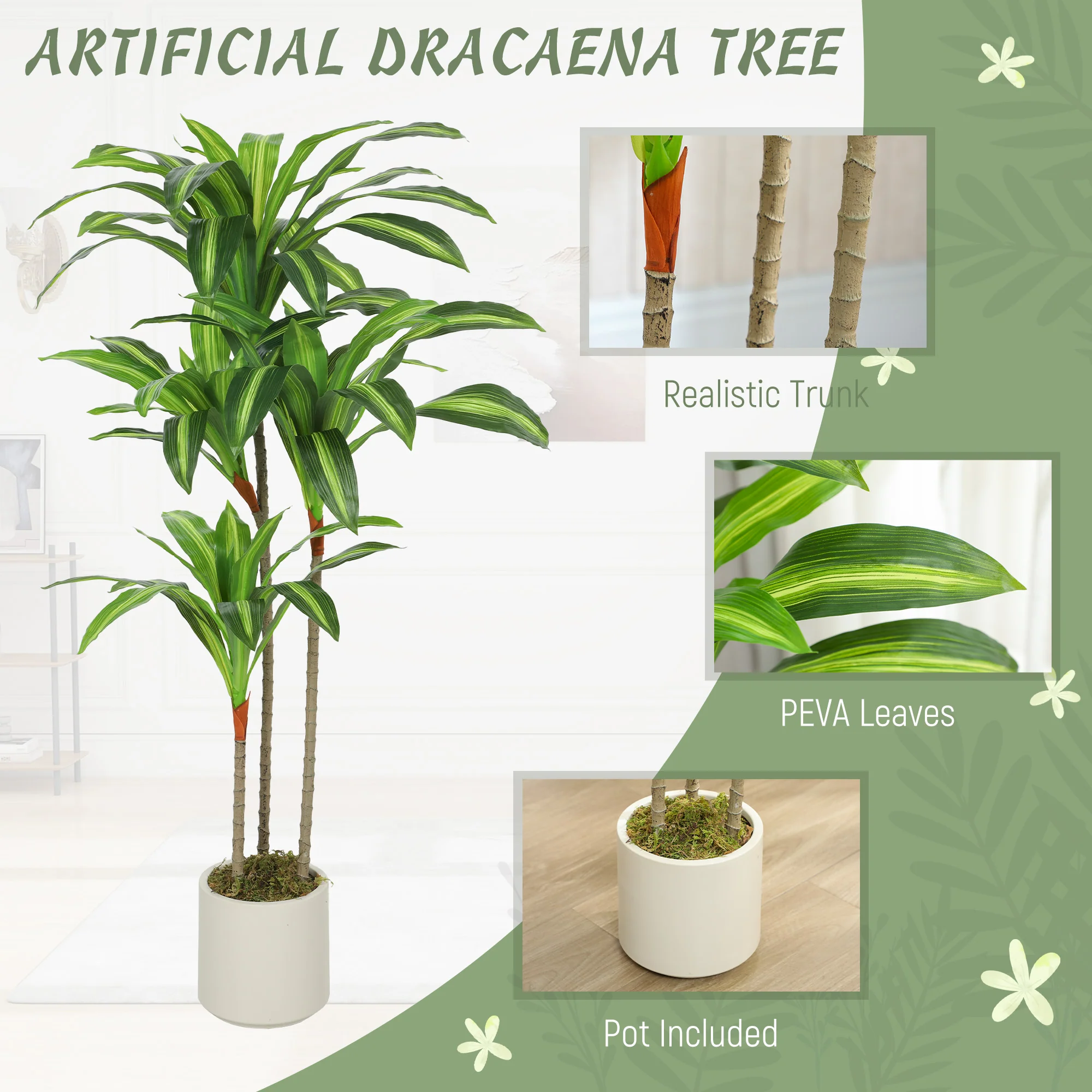 HOMCOM 120cm Artificial Dracaena Tree With Bendable Trunks For Home Decor - Image 3