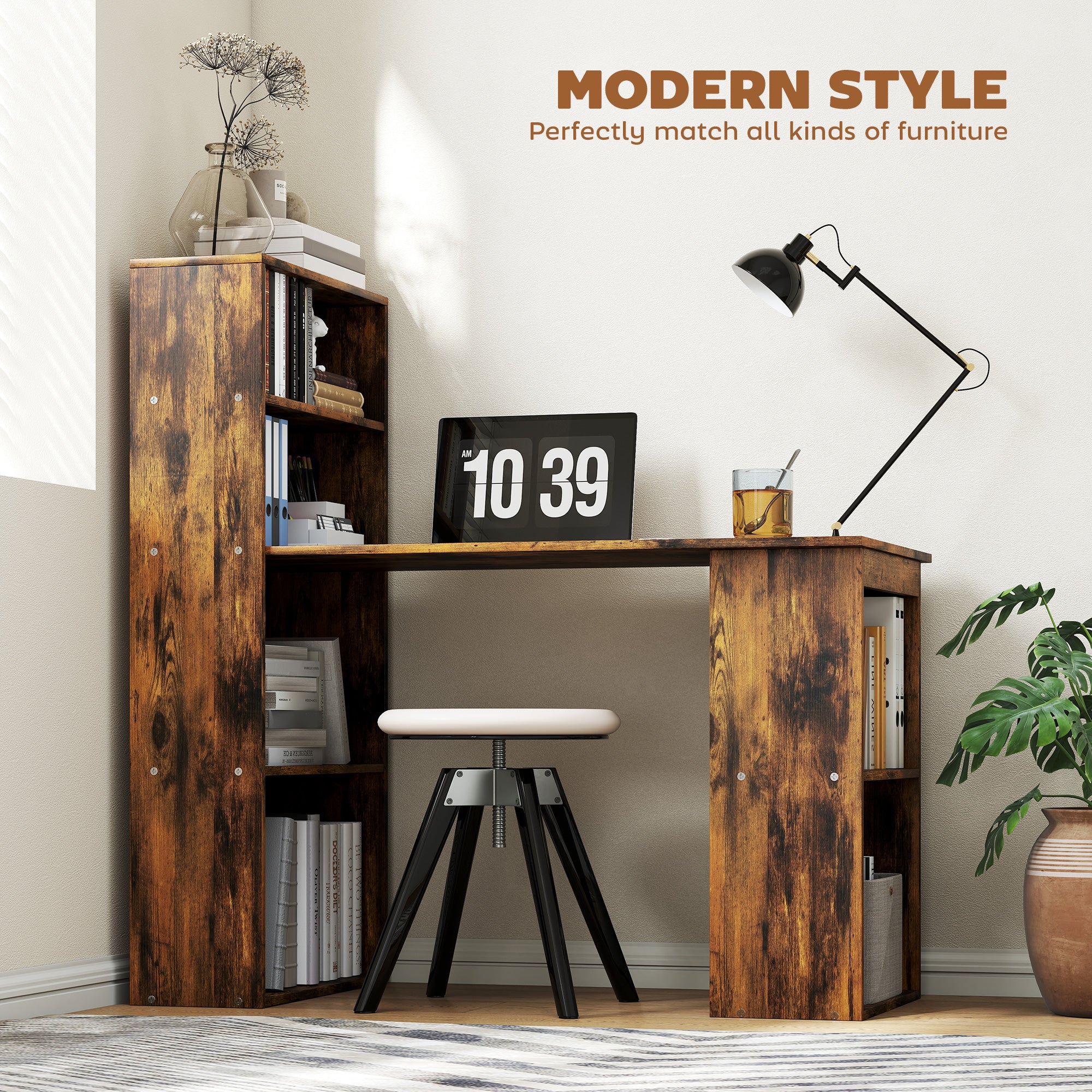 HOMCOM 120cm Computer Desk Bookshelf Writing Table Workstation 6 Shelves - Image 3