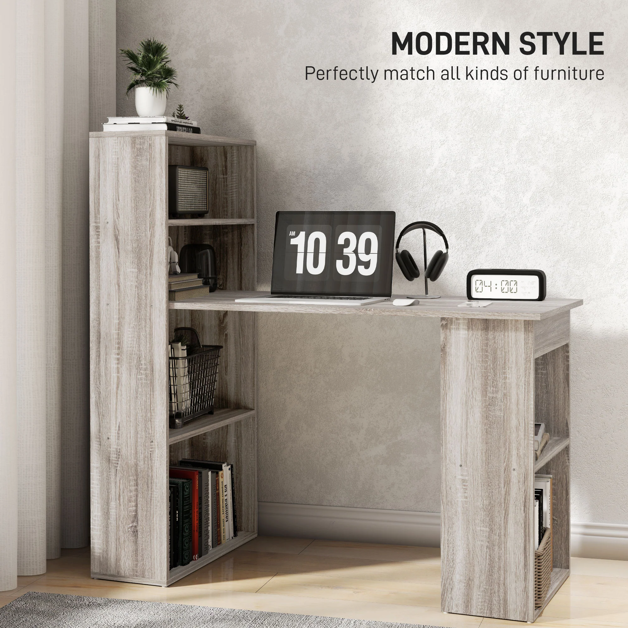 HOMCOM 120cm Computer Desk Bookshelf Writing Table Workstation 6 Shelves Grey - Image 3