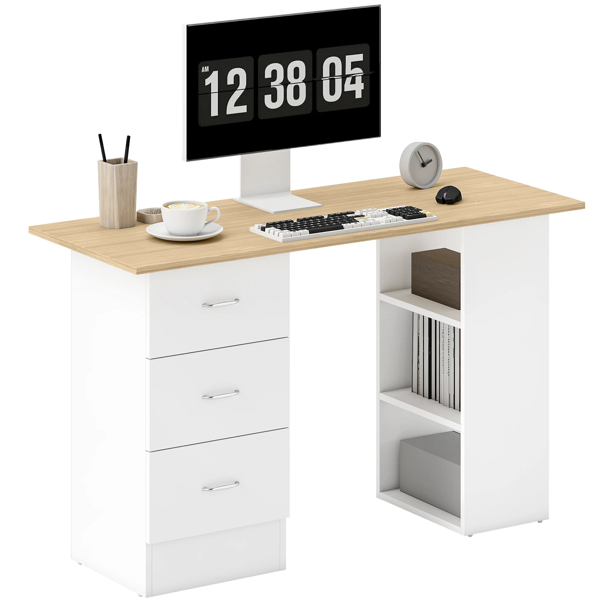 HOMCOM 120cm Computer Desk, Study Table With 3 Shelf & Drawers - Image 10