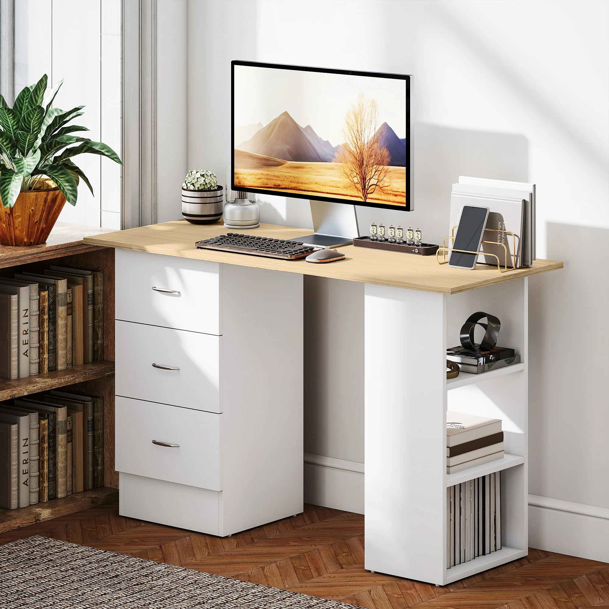 HOMCOM 120cm Computer Desk, Study Table With 3 Shelf & Drawers - Image 11