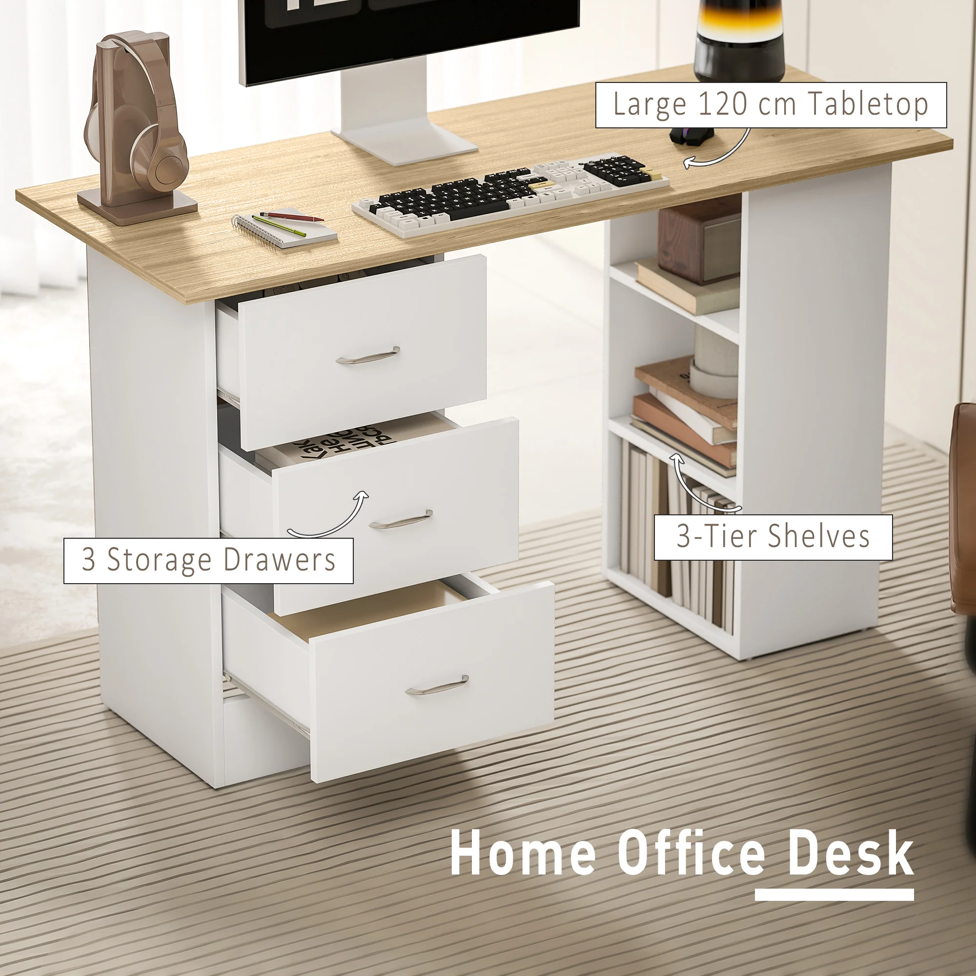 HOMCOM 120cm Computer Desk, Study Table With 3 Shelf & Drawers - Image 12