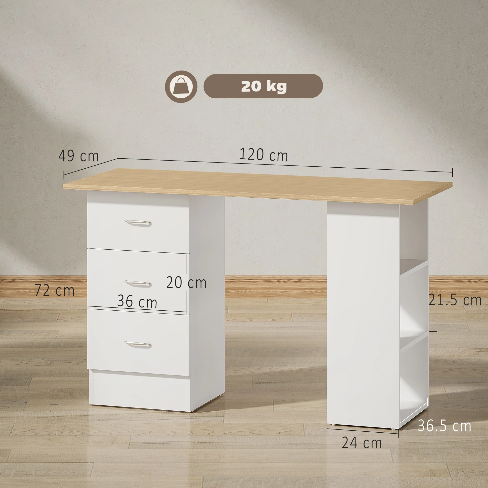 HOMCOM 120cm Computer Desk, Study Table With 3 Shelf & Drawers - Image 14