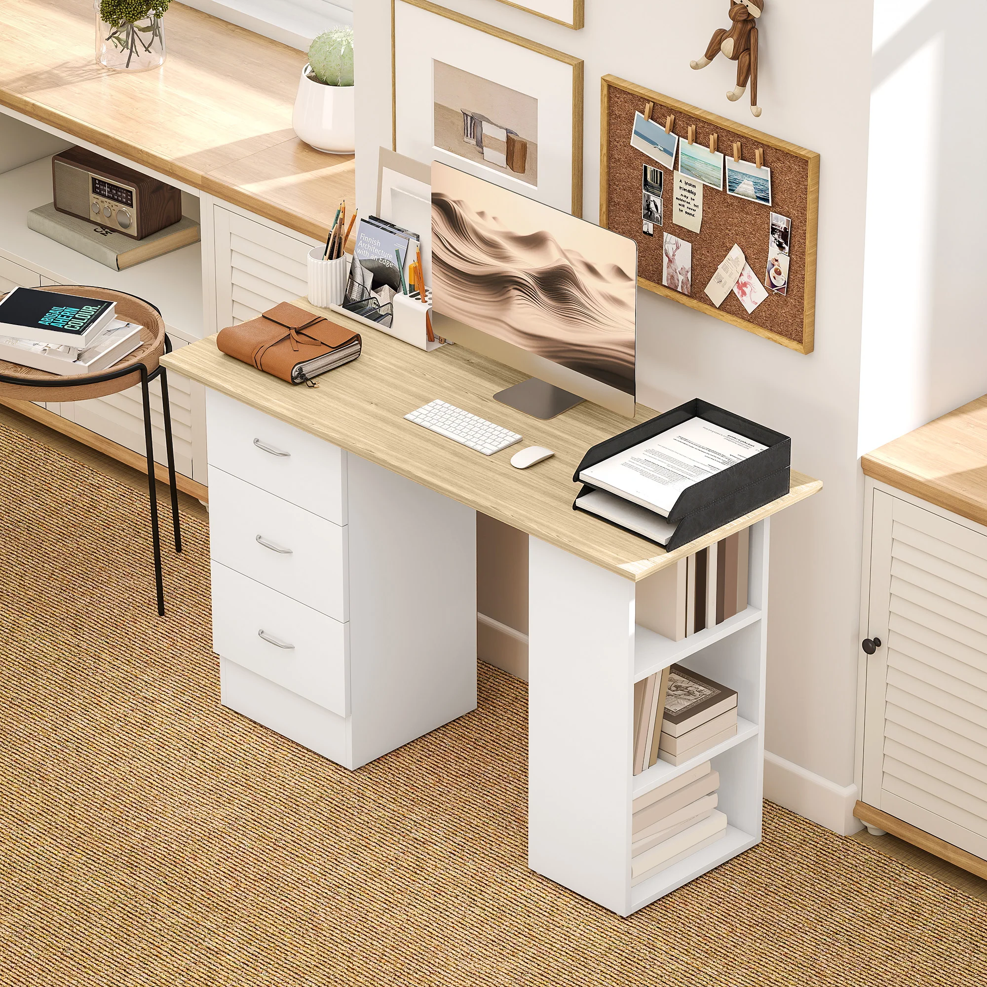 HOMCOM 120cm Computer Desk, Study Table With 3 Shelf & Drawers - Image 16