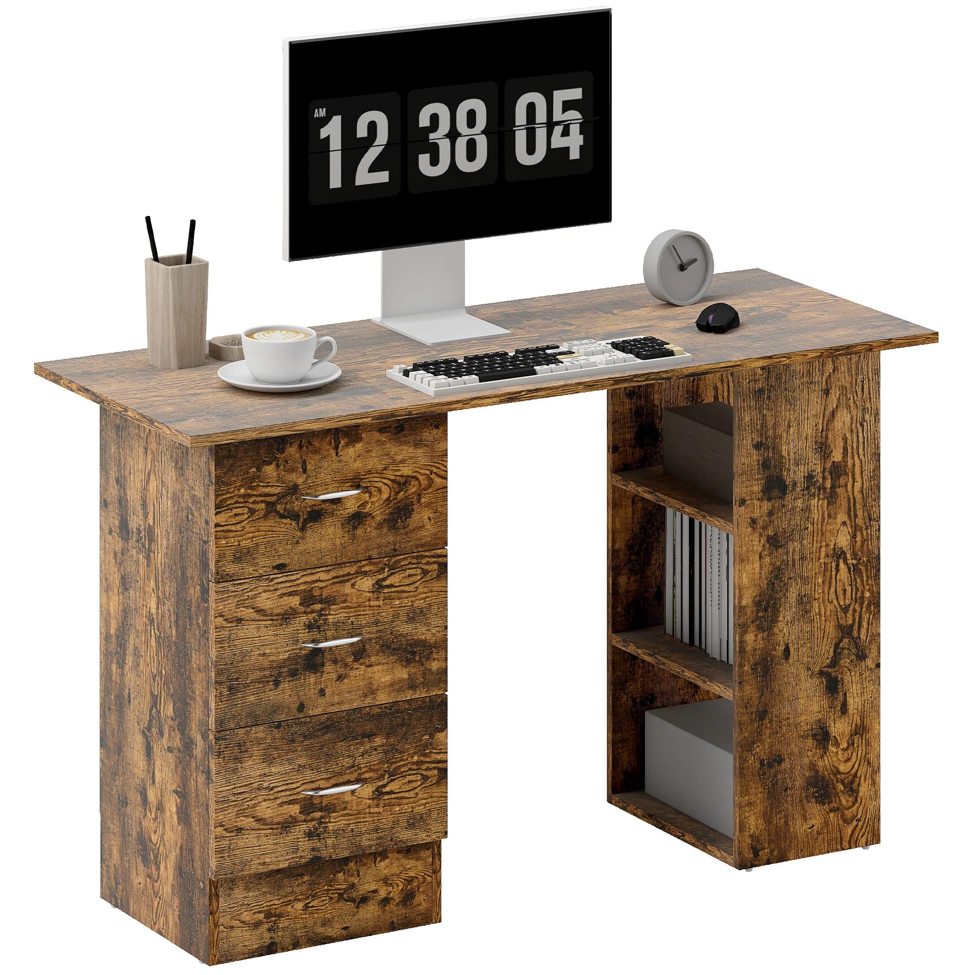 HOMCOM 120cm Computer Desk, Study Table With 3 Shelf & Drawers - Image 19