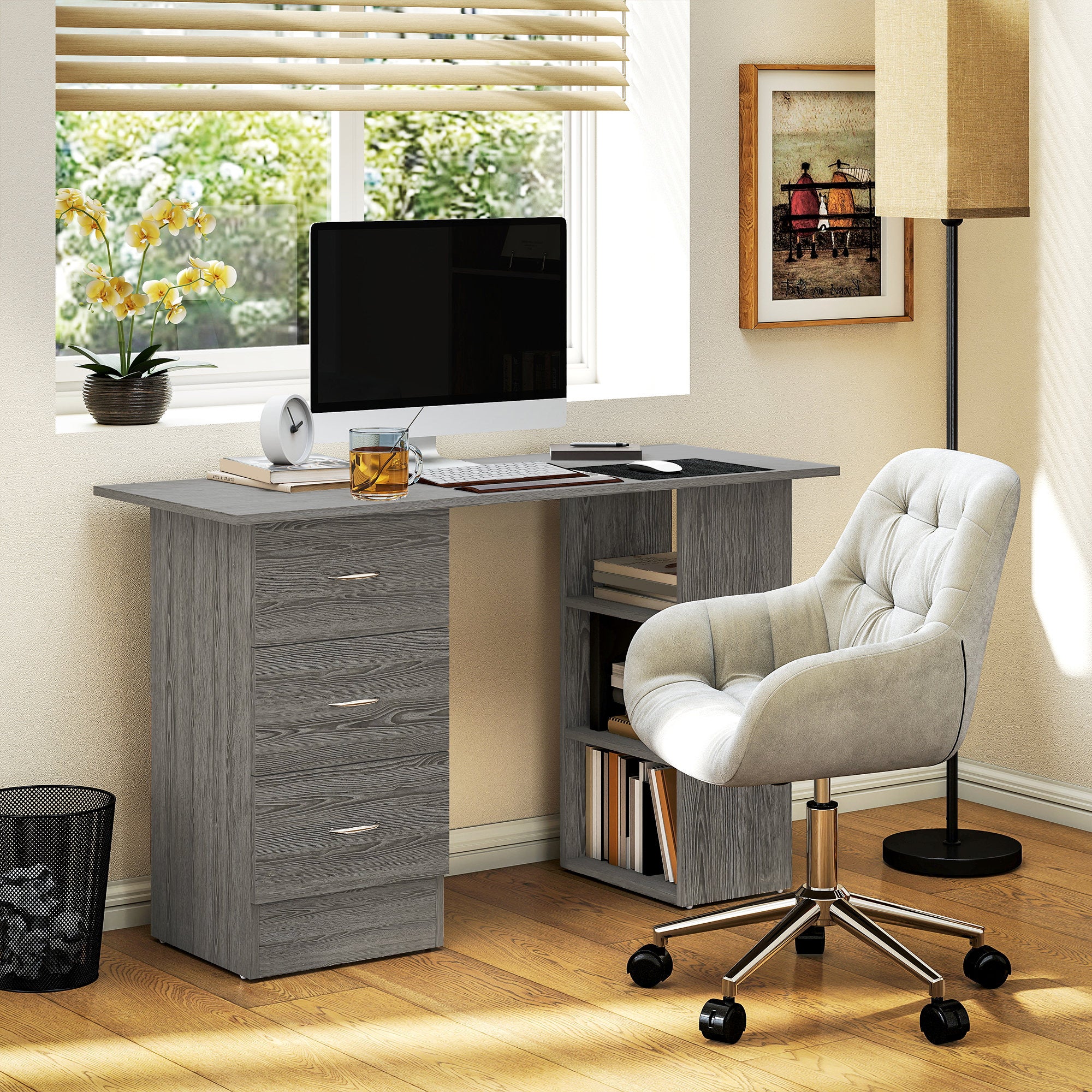 HOMCOM 120cm Computer Desk, Study Table With 3 Shelf & Drawers - Image 2