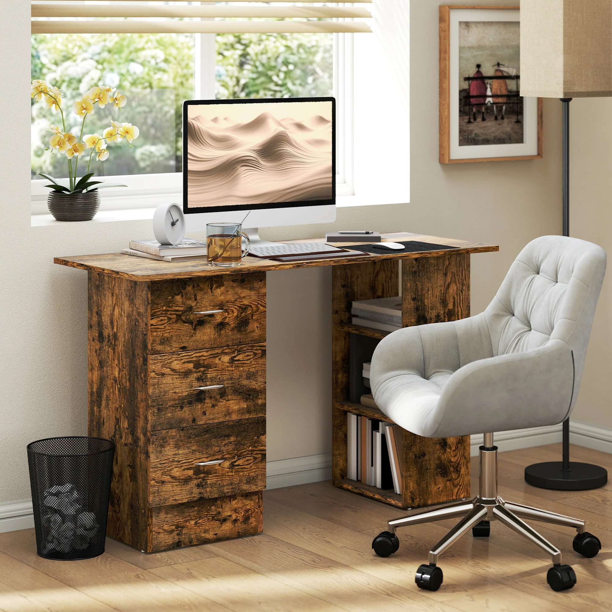 HOMCOM 120cm Computer Desk, Study Table With 3 Shelf & Drawers - Image 20