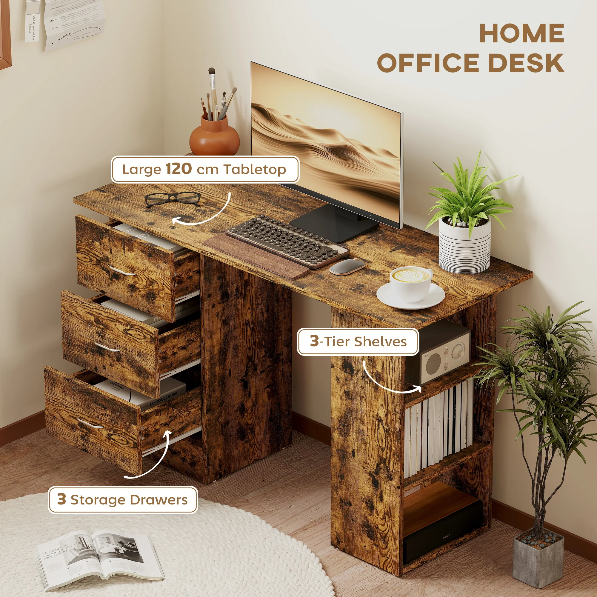 HOMCOM 120cm Computer Desk, Study Table With 3 Shelf & Drawers - Image 21