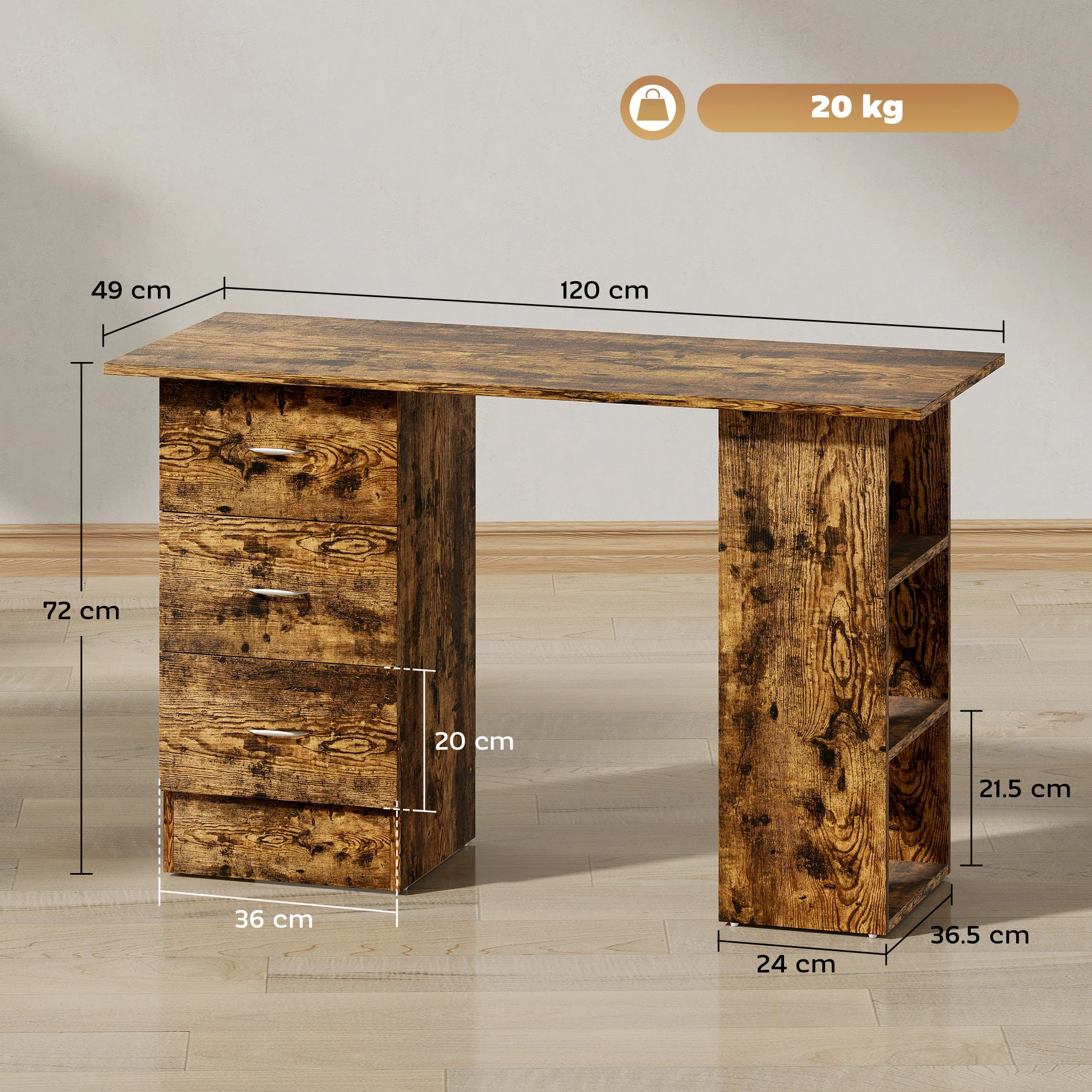 HOMCOM 120cm Computer Desk, Study Table With 3 Shelf & Drawers - Image 23