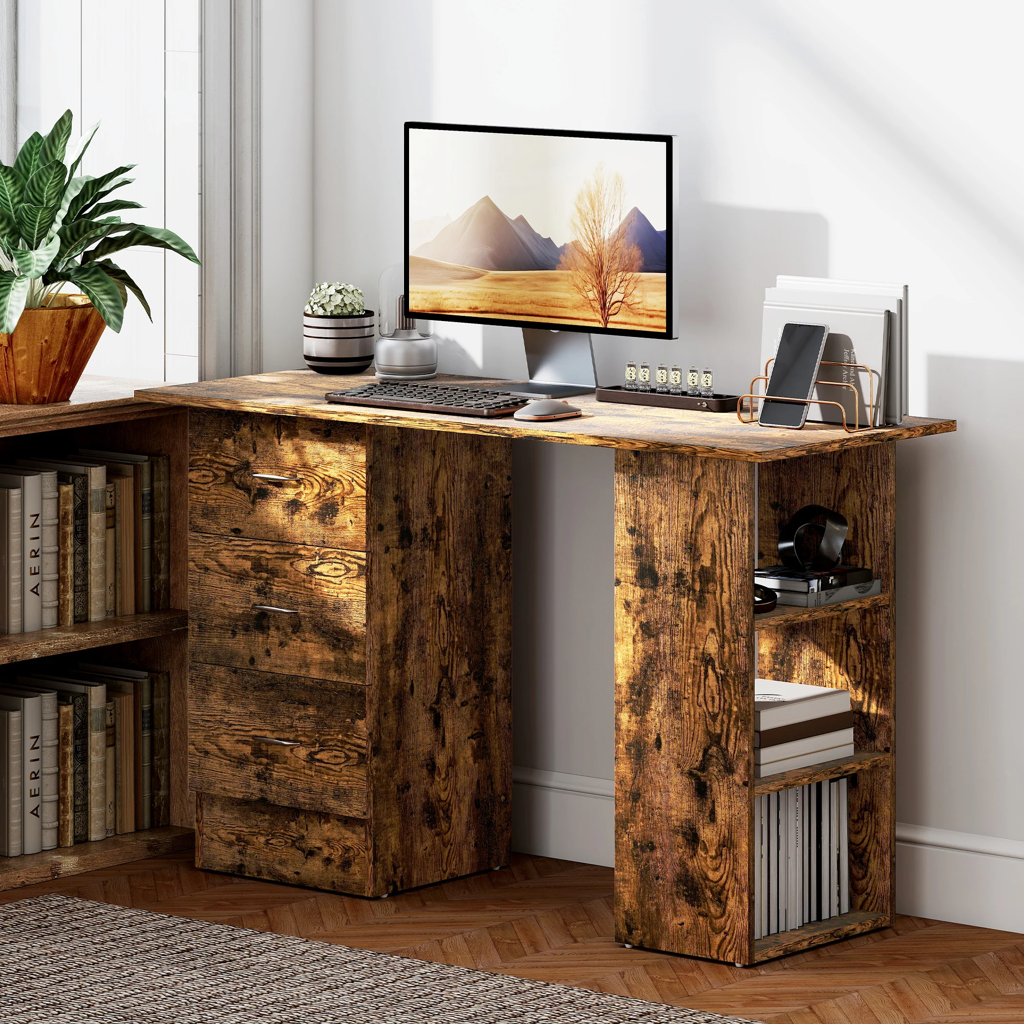 HOMCOM 120cm Computer Desk, Study Table With 3 Shelf & Drawers - Image 25