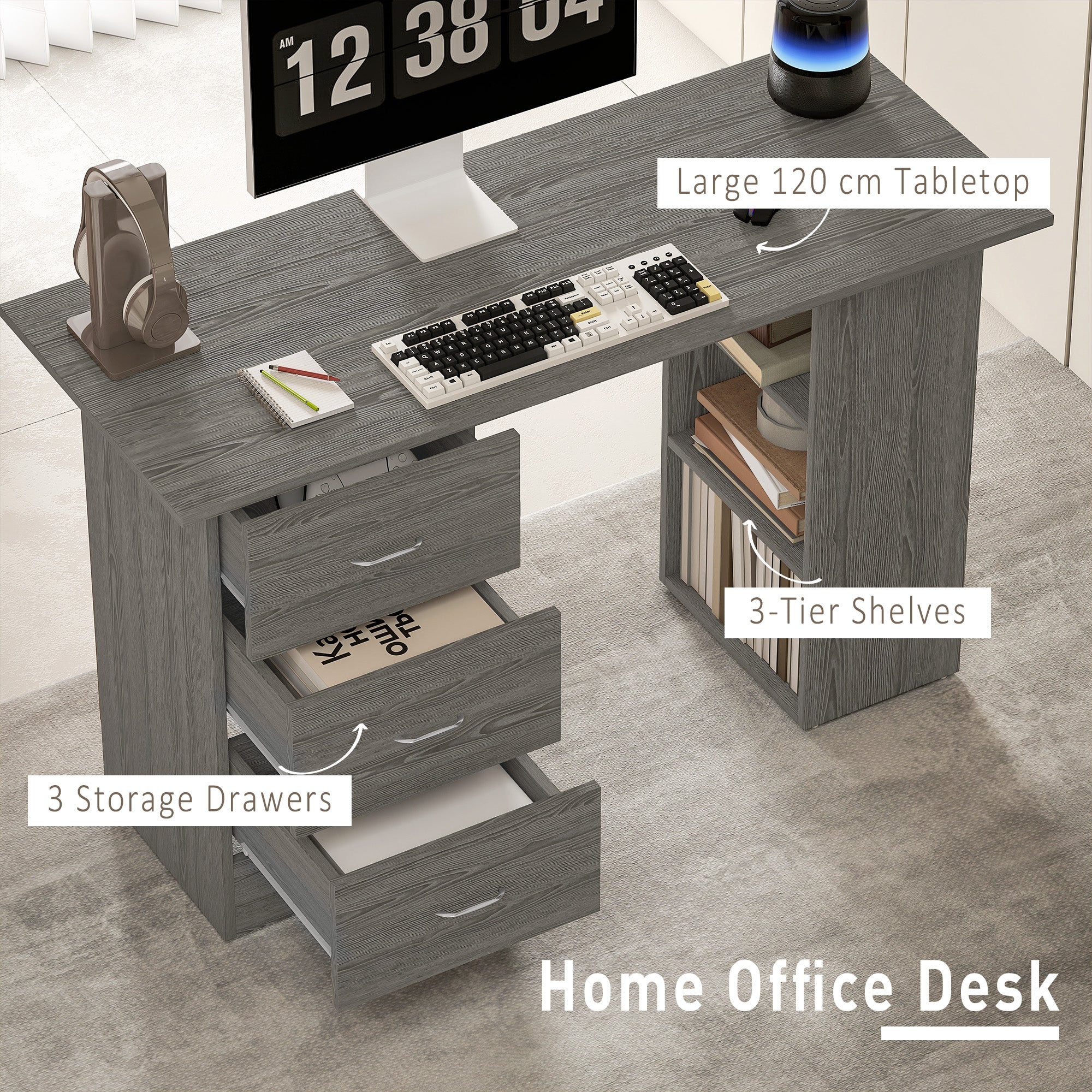 HOMCOM 120cm Computer Desk, Study Table With 3 Shelf & Drawers - Image 3
